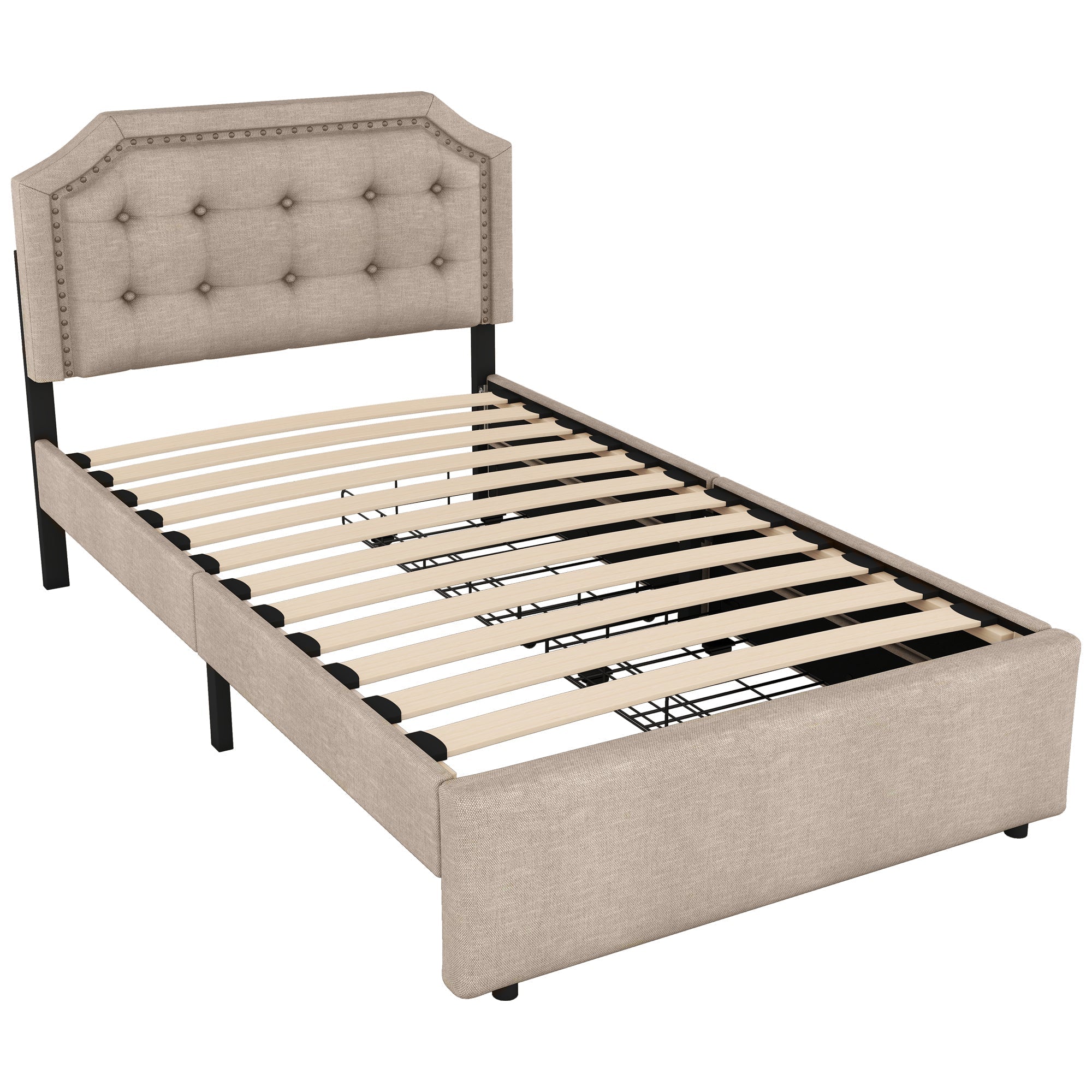 Upholstered Bed 90x200cm Flat Double Drawers Decorative Studs Dark Beige - Image 9