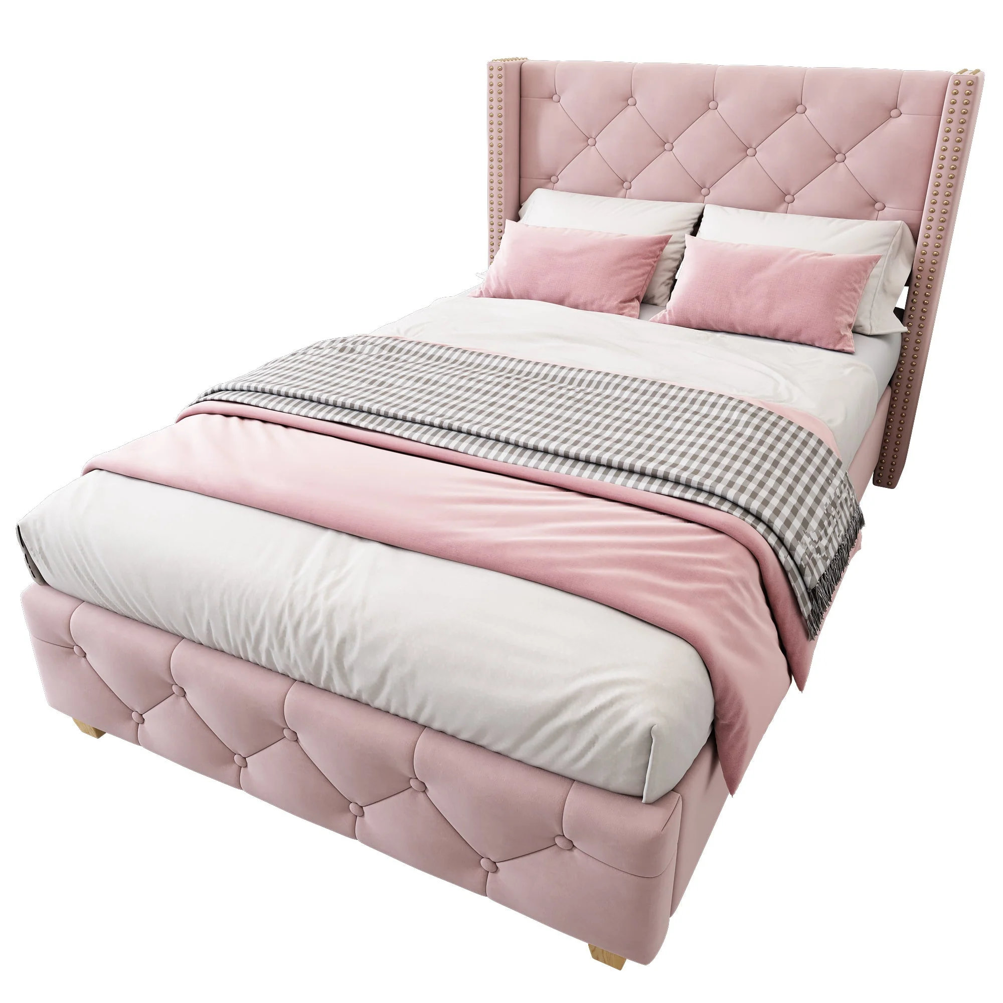 Upholstered Bed 90x200cm Headboard Button Studded Slatted Frame - Velvet Pink - Image 4