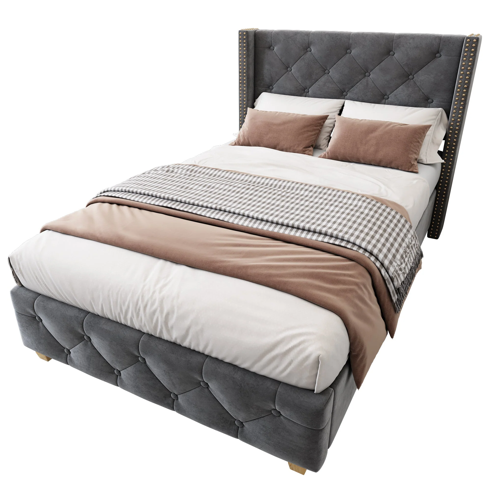Upholstered Bed 90x200cm Headboard Button Studded Wooden Legs - Velvet Grey - Image 4