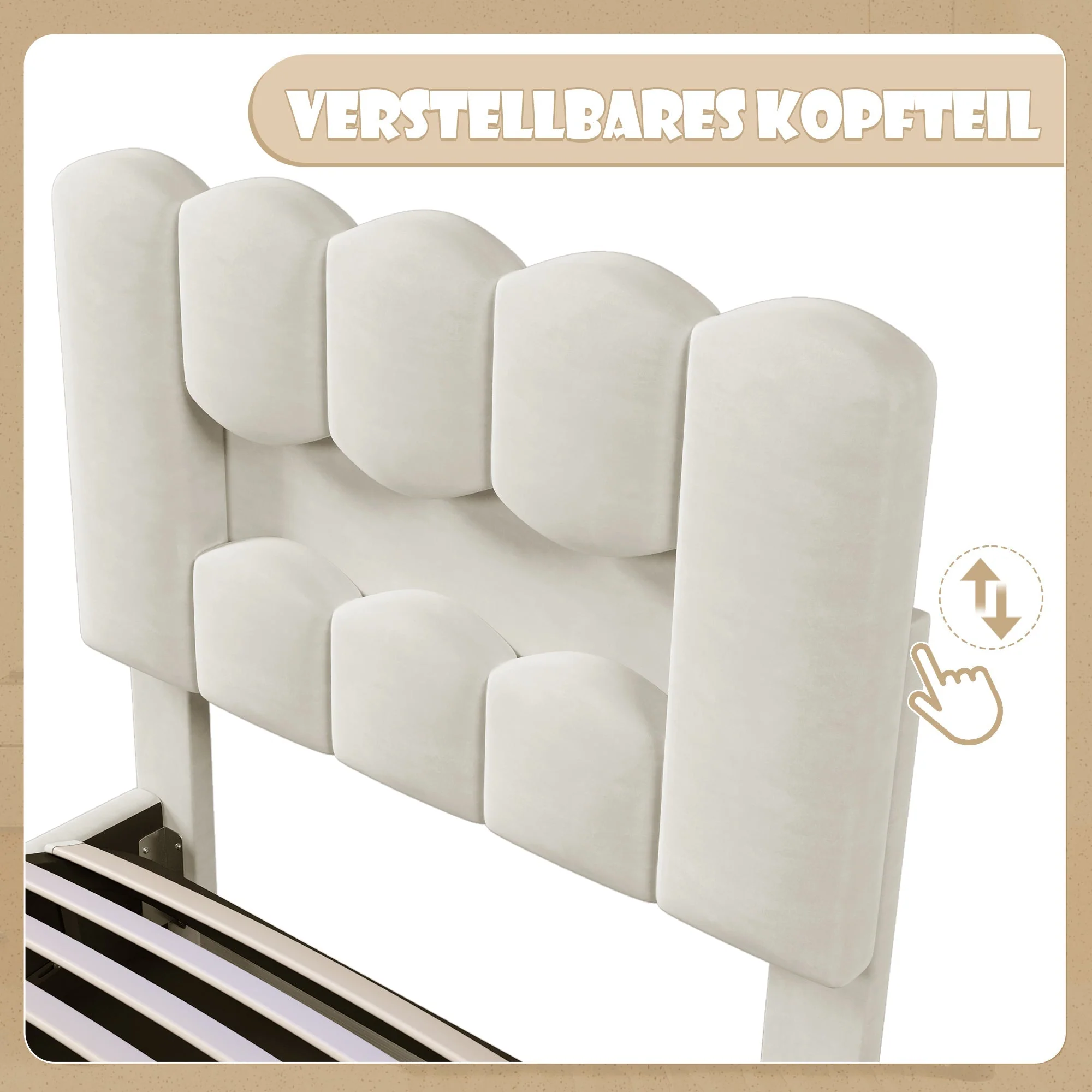 Upholstered Bed 90x200cm Hydraulic LED Adjustable Headboard Beige Velvet - Image 3