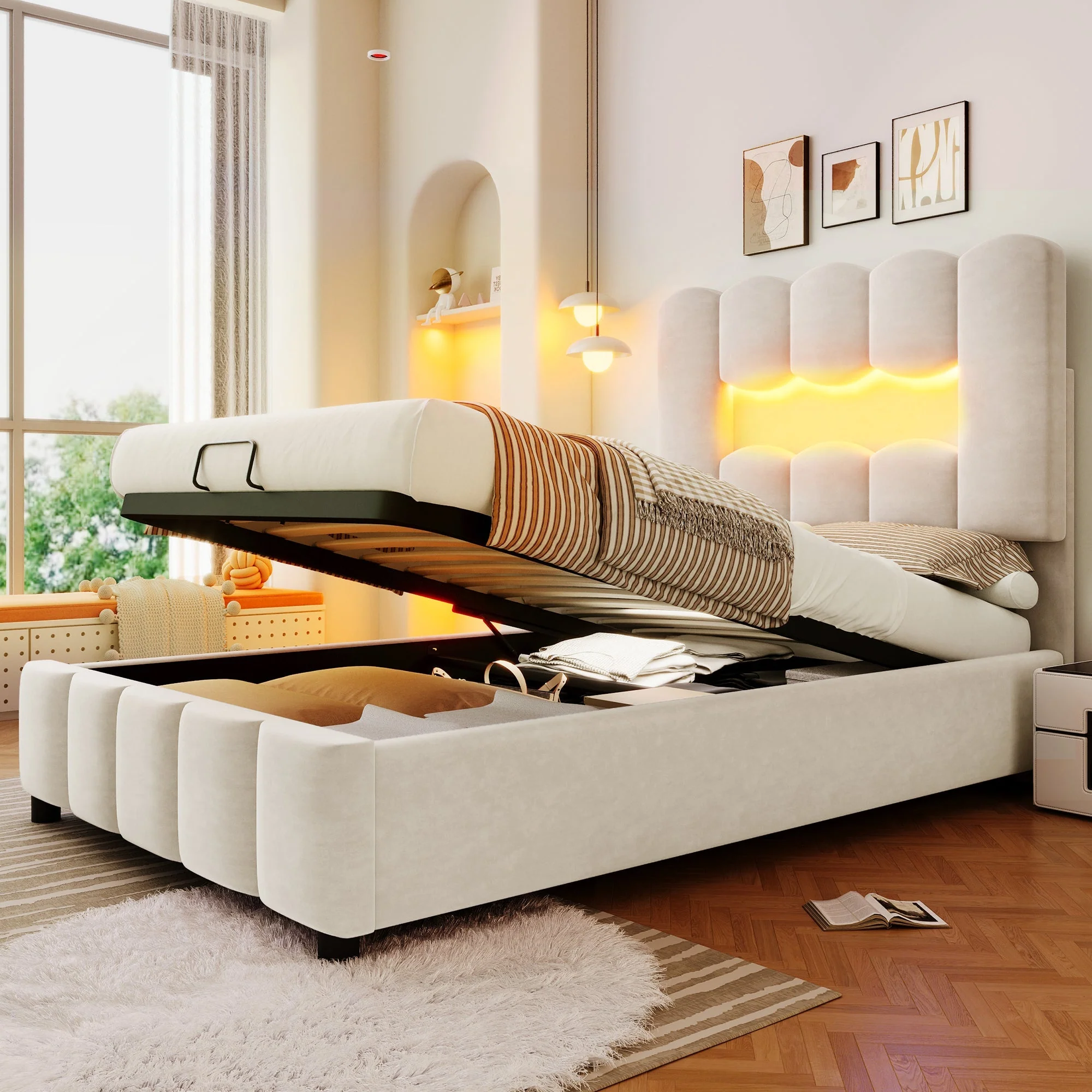 Upholstered Bed 90x200cm Hydraulic LED Adjustable Headboard Beige Velvet - Image 5