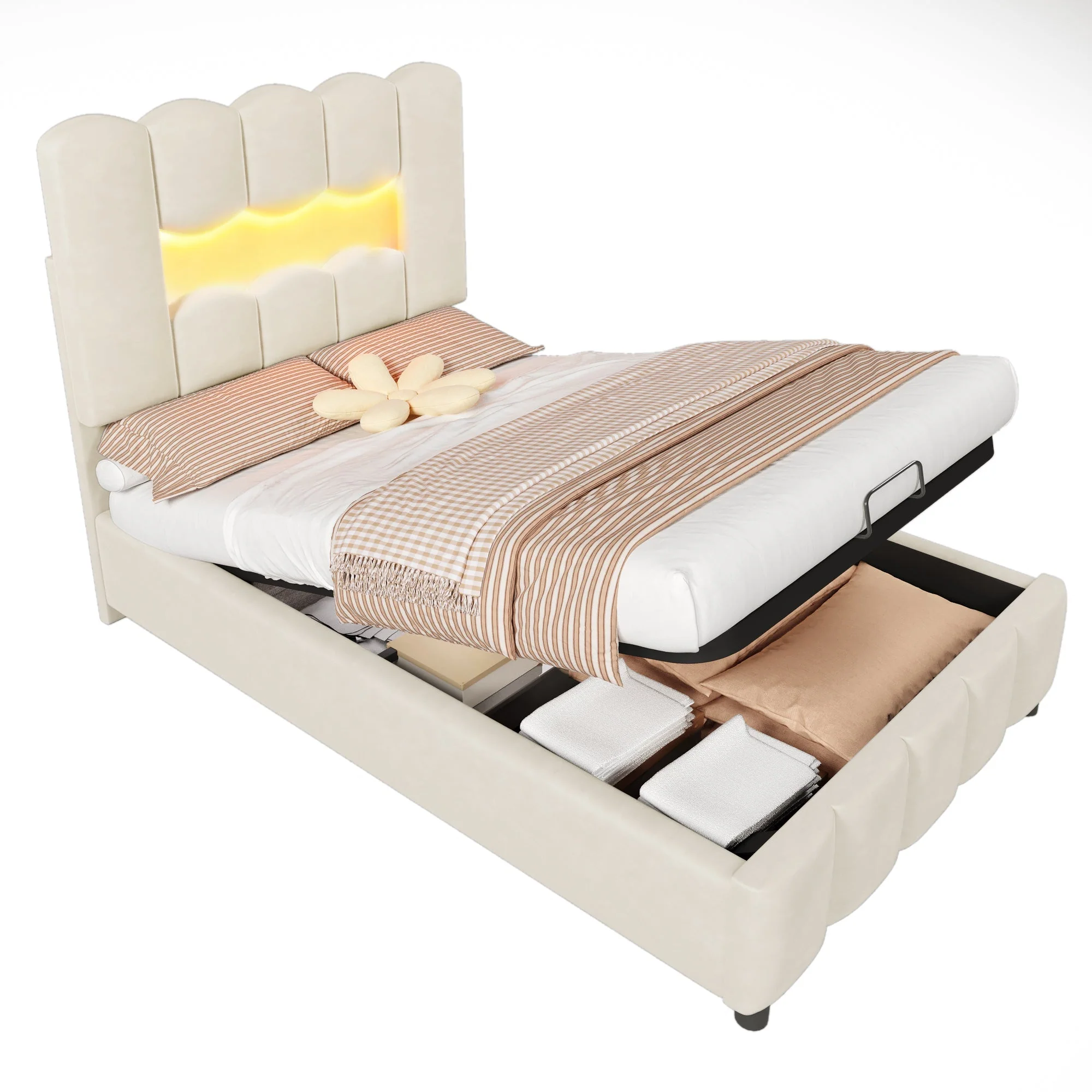 Upholstered Bed 90x200cm Hydraulic LED Adjustable Headboard Beige Velvet - Image 9