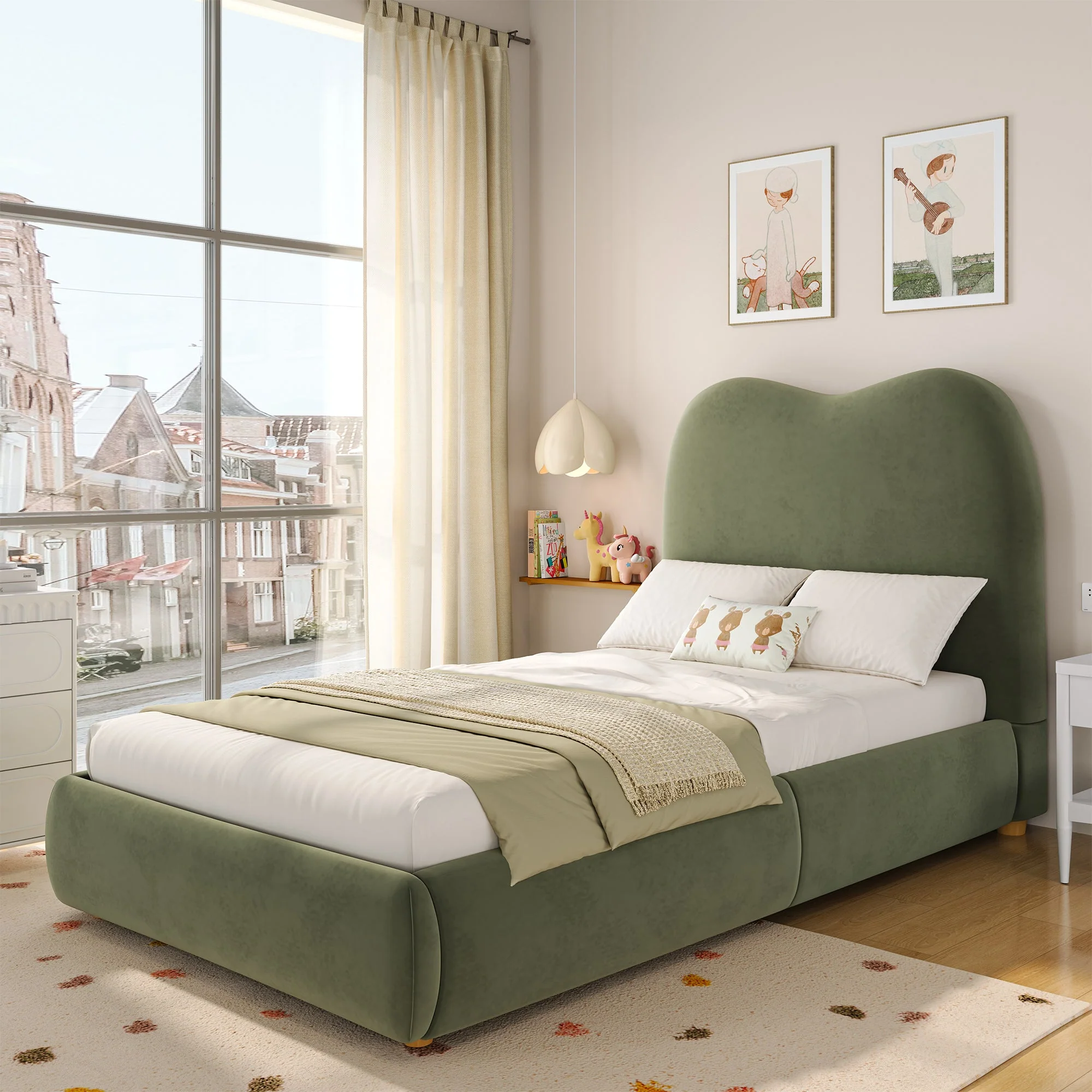 Upholstered Bed 90x200cm, Hydraulic Storage, Headboard & Slatted Frame, Velvet Green - Image 3
