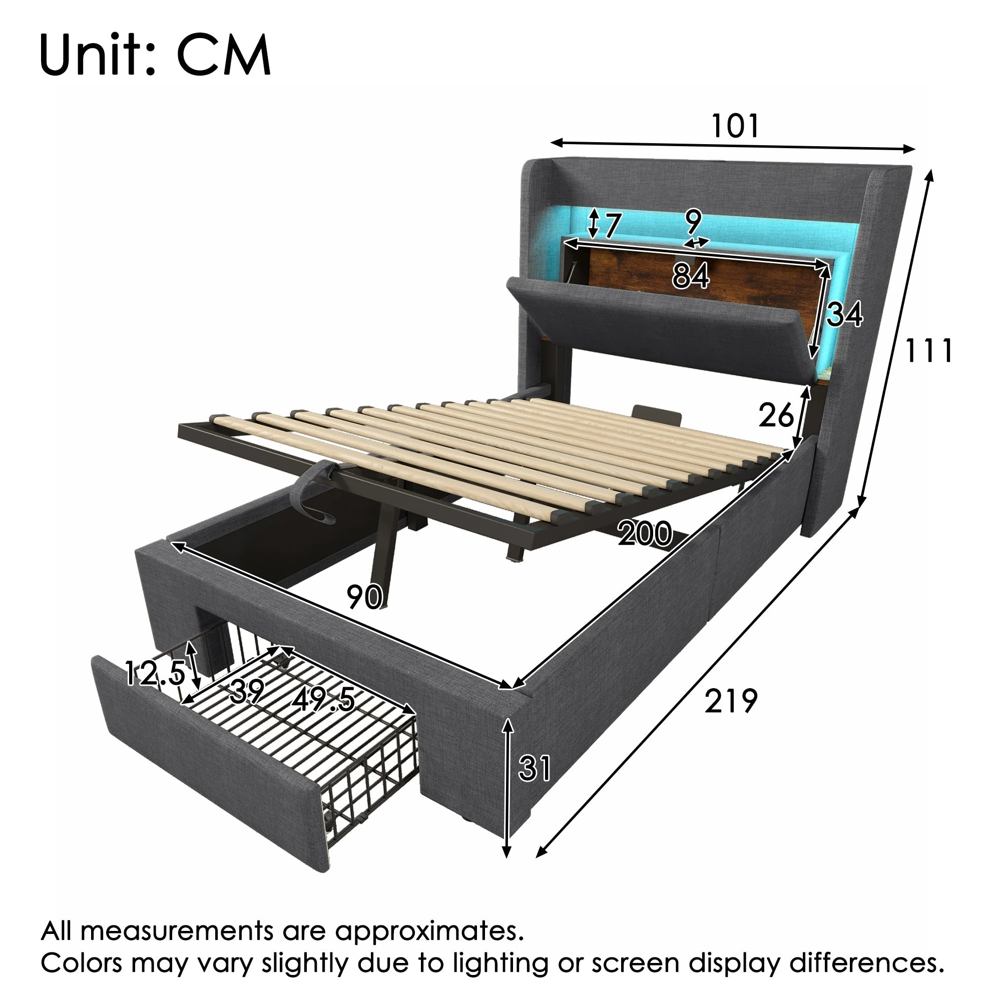 Upholstered Bed 90x200cm Hydraulic Storage Headboard with USB/Type-C & LED Grey Linen - Image 2