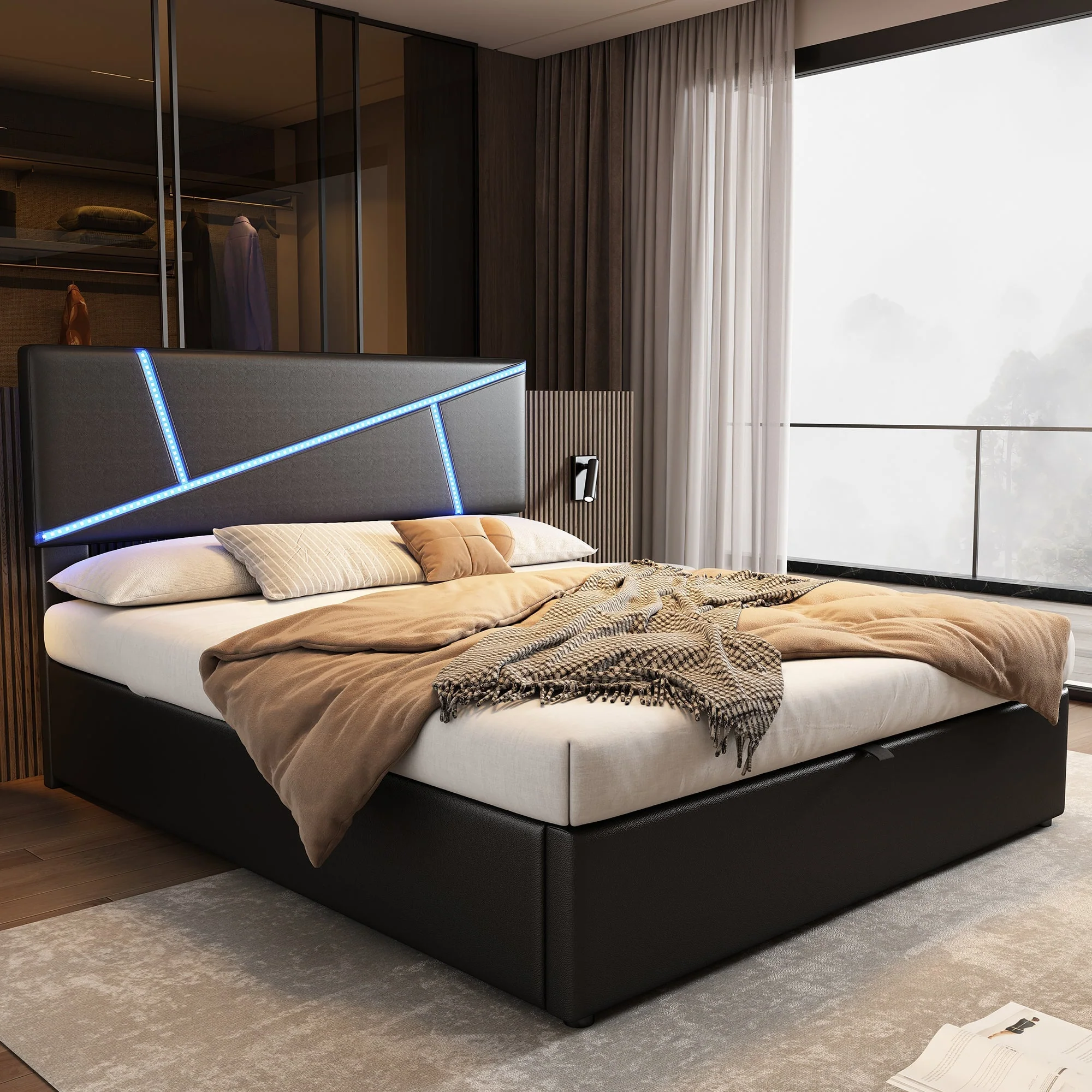Upholstered Bed 90x200cm Hydraulic Storage LED - Black Synthetic Leather - Image 5