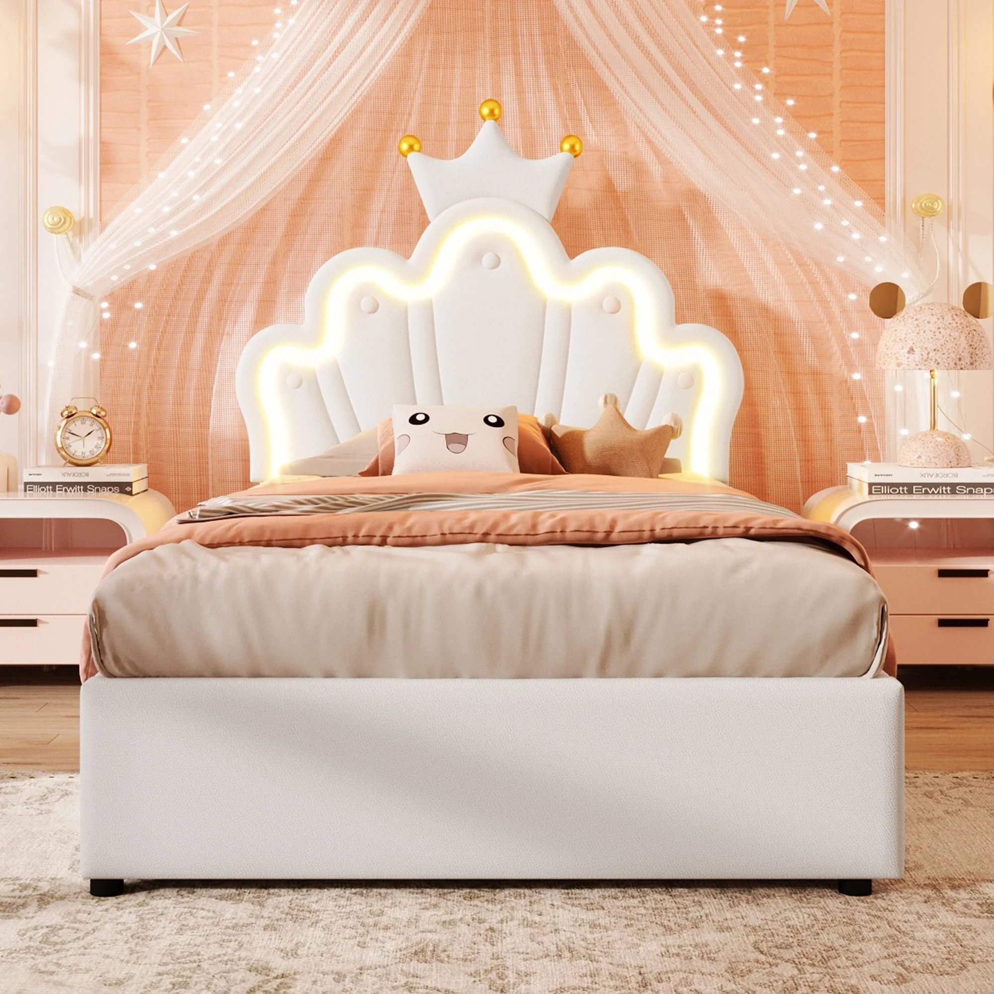 Upholstered Bed 90x200cm Hydraulic Storage LED Crown Adjustable Headboard - PU White - Image 5