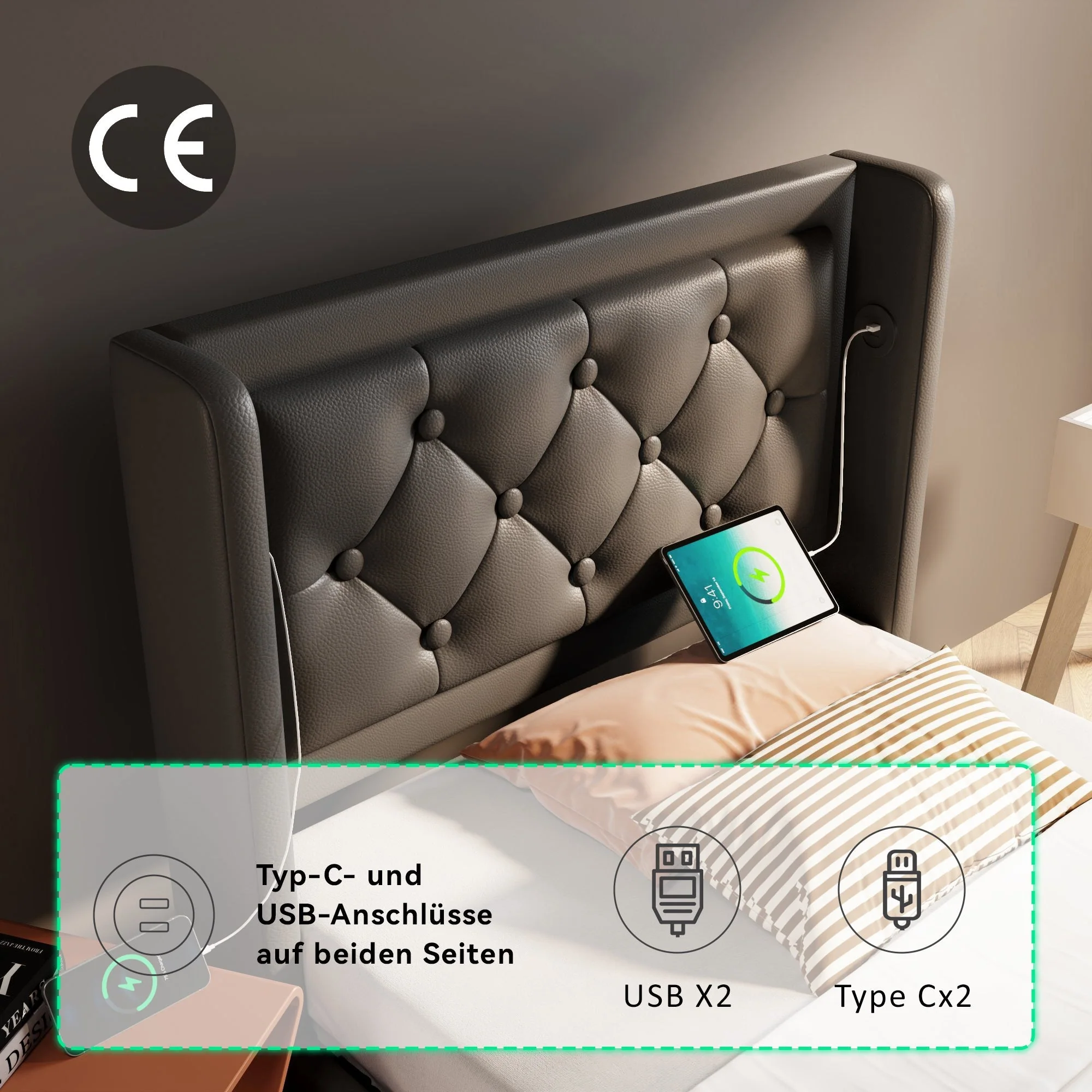 Upholstered Bed, 90x200cm Hydraulic Storage with USB, LED, Black PU - Image 4