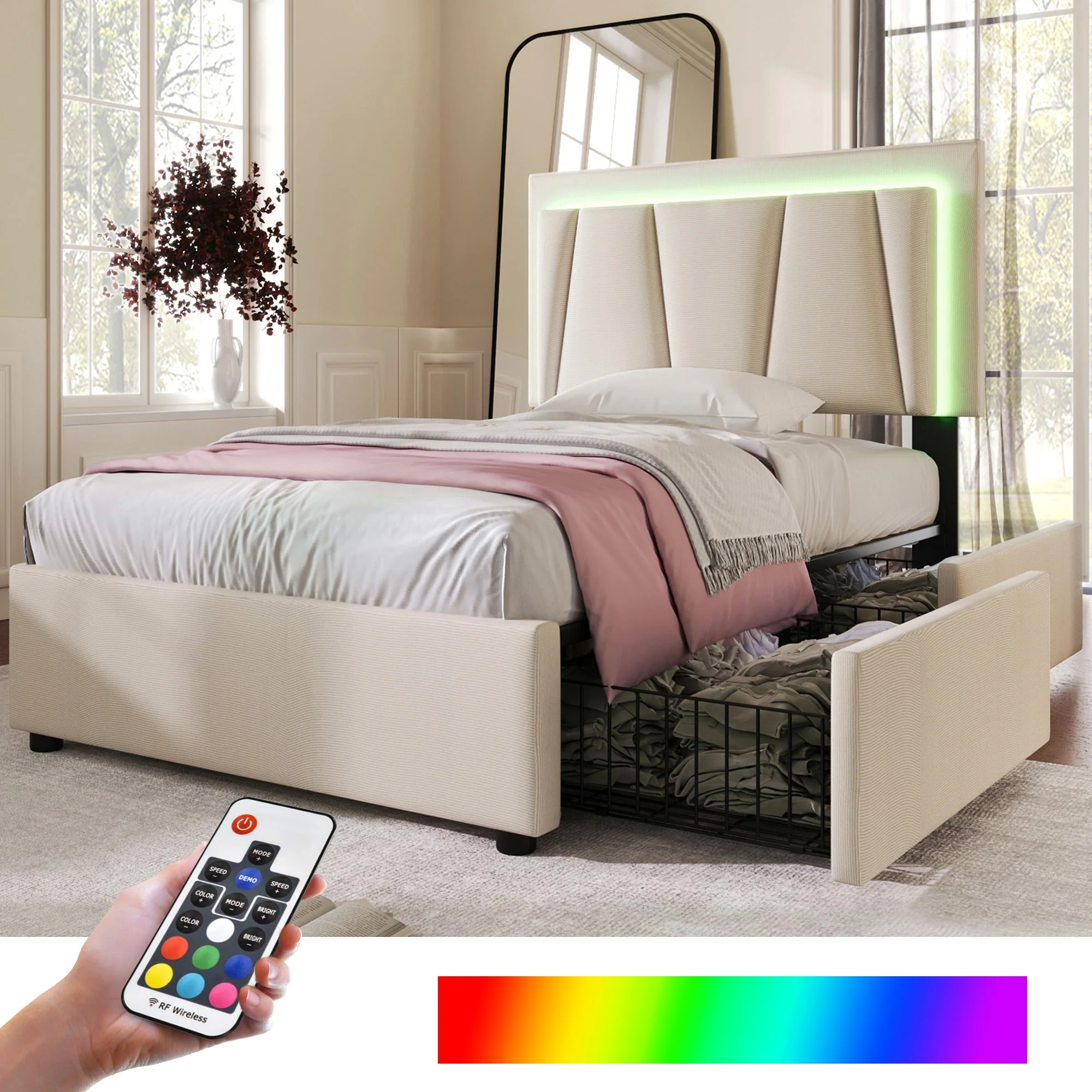 Upholstered Bed 90x200cm LED, 2 Drawers, Adjustable Headboard, Wooden Slats, Beige (with Mattress) - Image 2