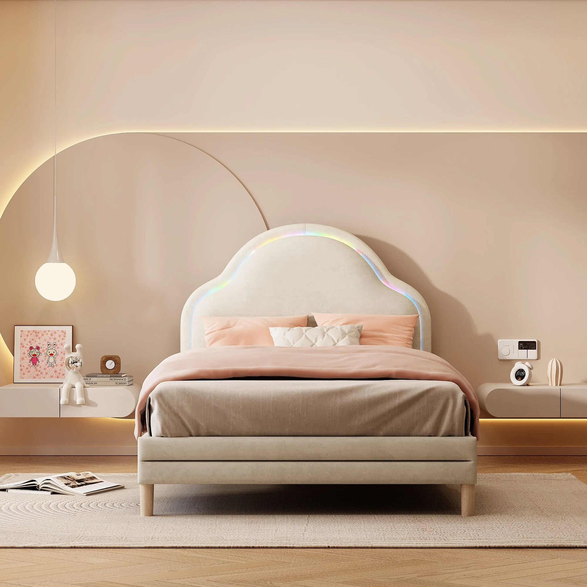 Upholstered Bed 90x200cm LED Cloud Headboard Single, Velvet Beige - Image 2