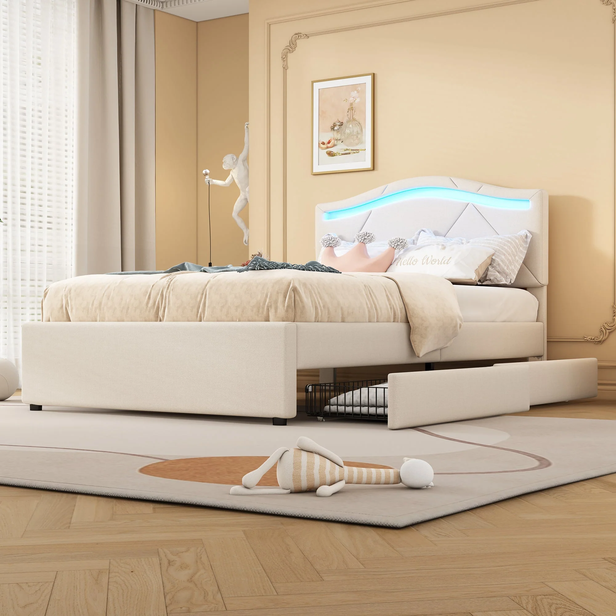 Upholstered Bed 90x200cm LED Lights 2-Drawer Adjustable Headboard Beige Linen - Image 13