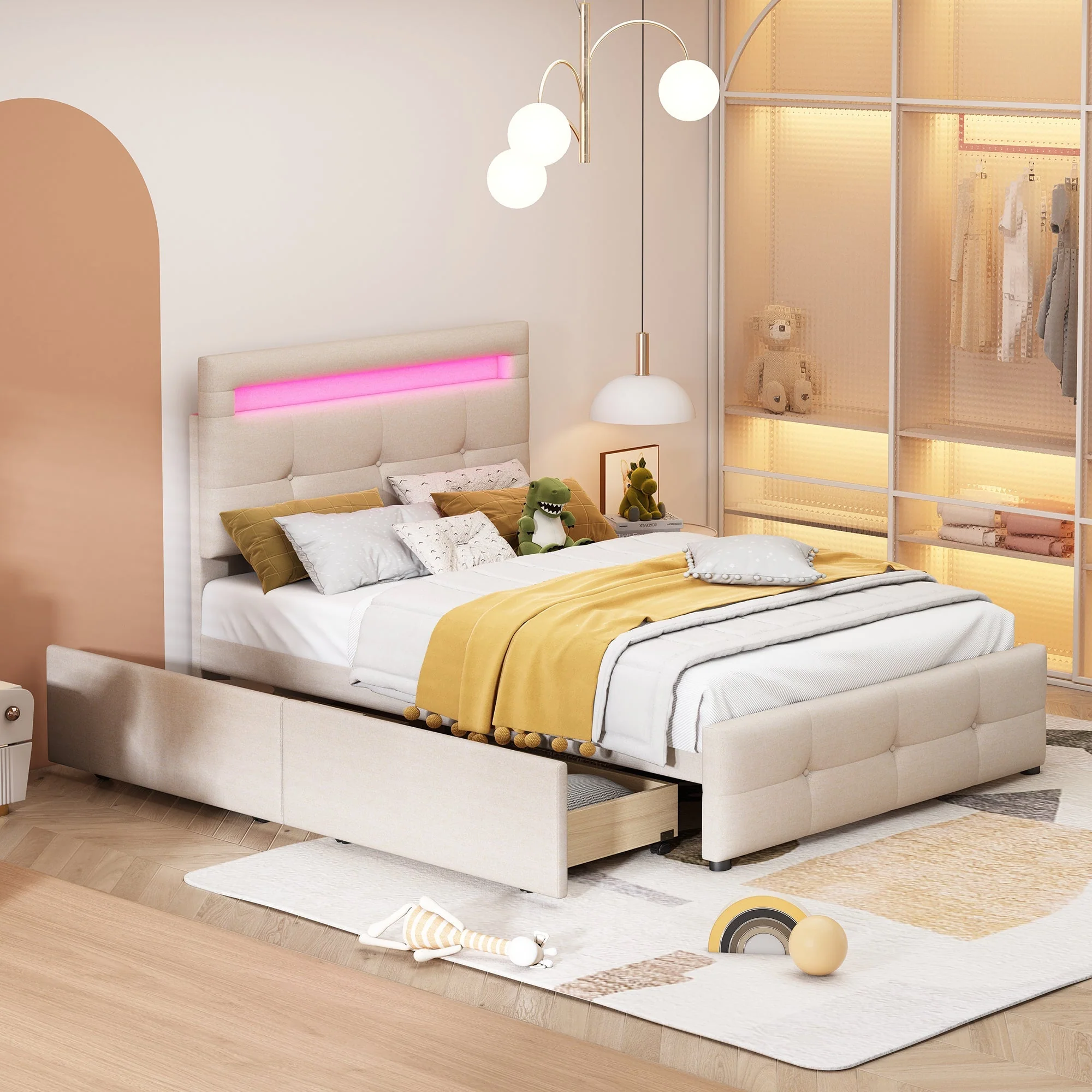 Upholstered Bed 90x200cm, LED Lights, 2 Drawers, Linen Beige - Image 9