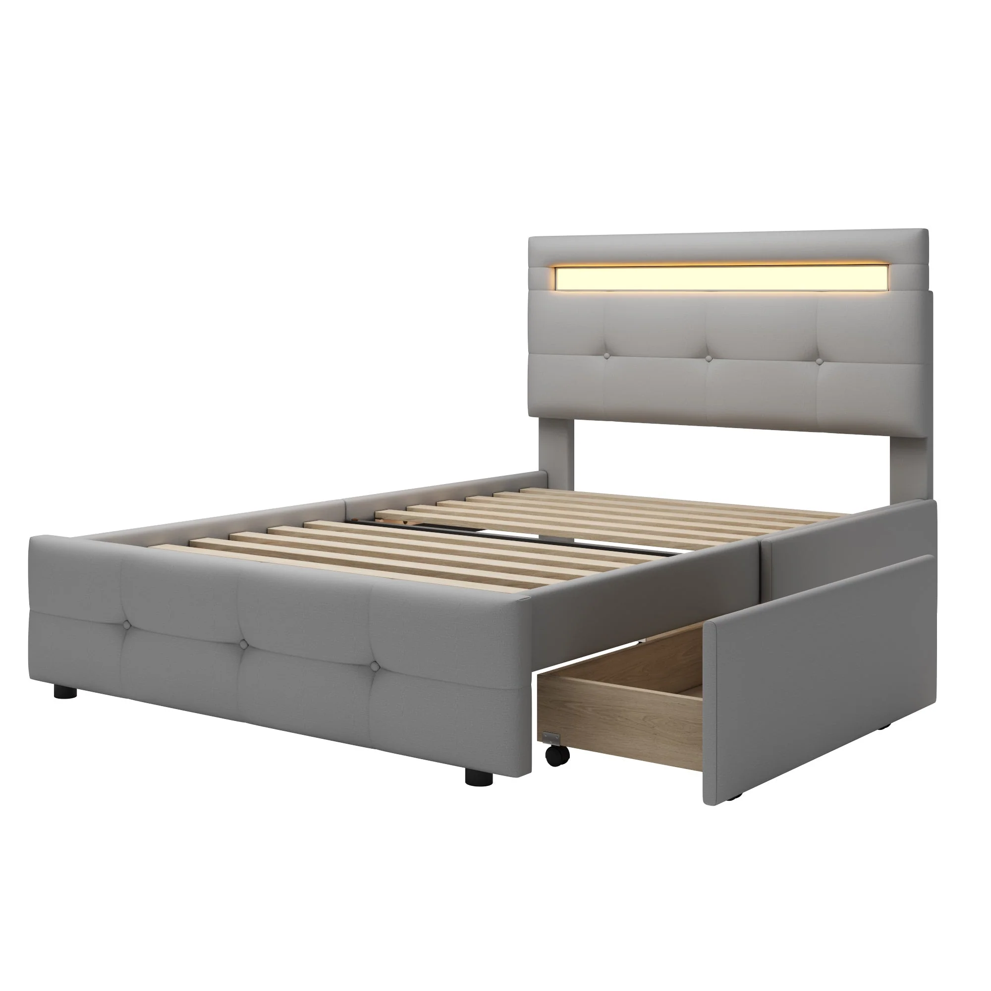 Upholstered Bed, 90x200cm, LED Lights, 2 Drawers, Linen Grey - Image 7