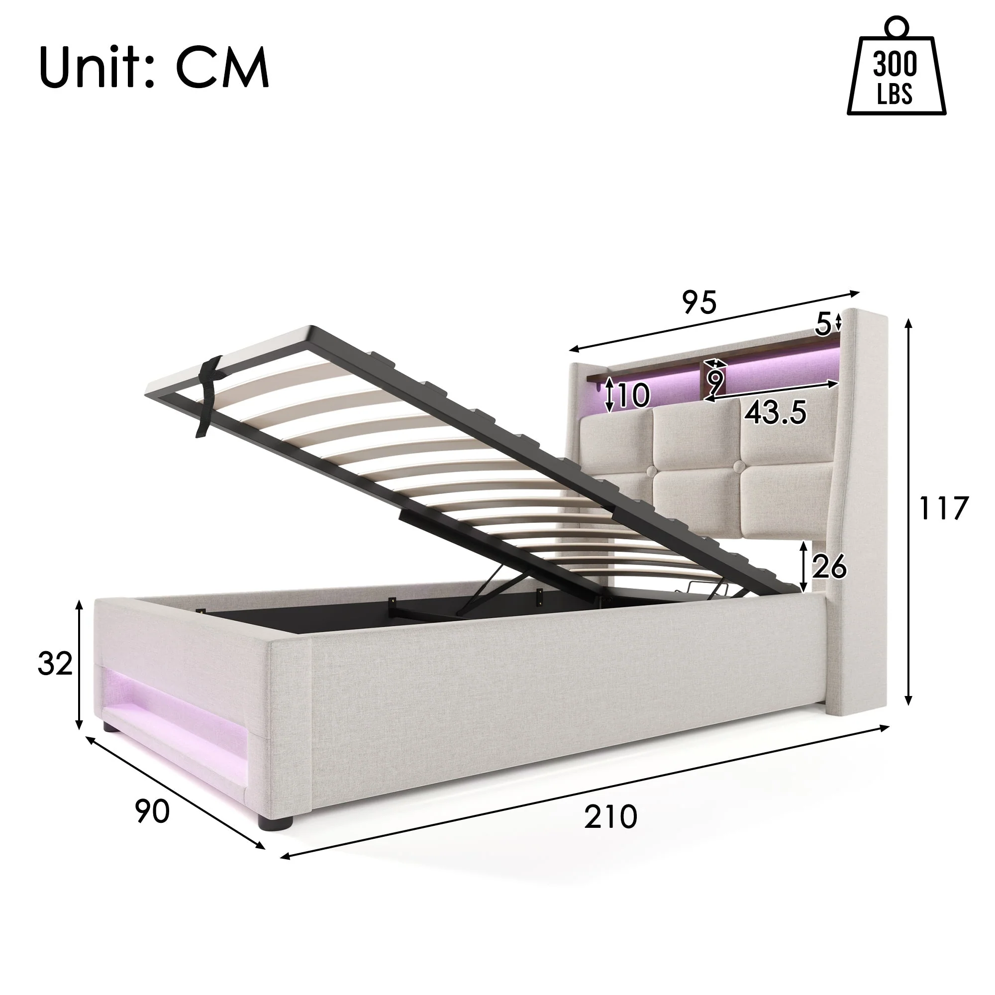 Upholstered Bed, 90x200cm LED Single with Metal Frame, Linen - Image 2