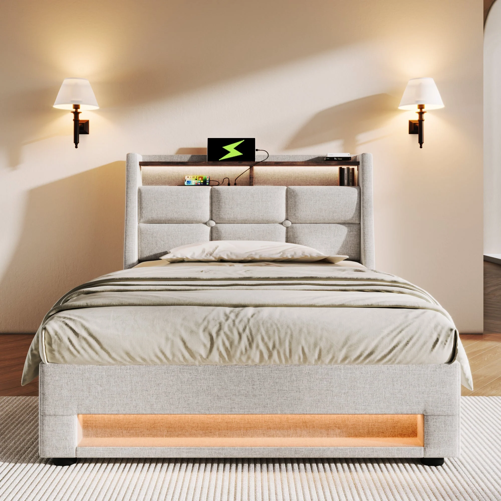 Upholstered Bed 90x200cm, LED Single with USB, Linen - Image 3