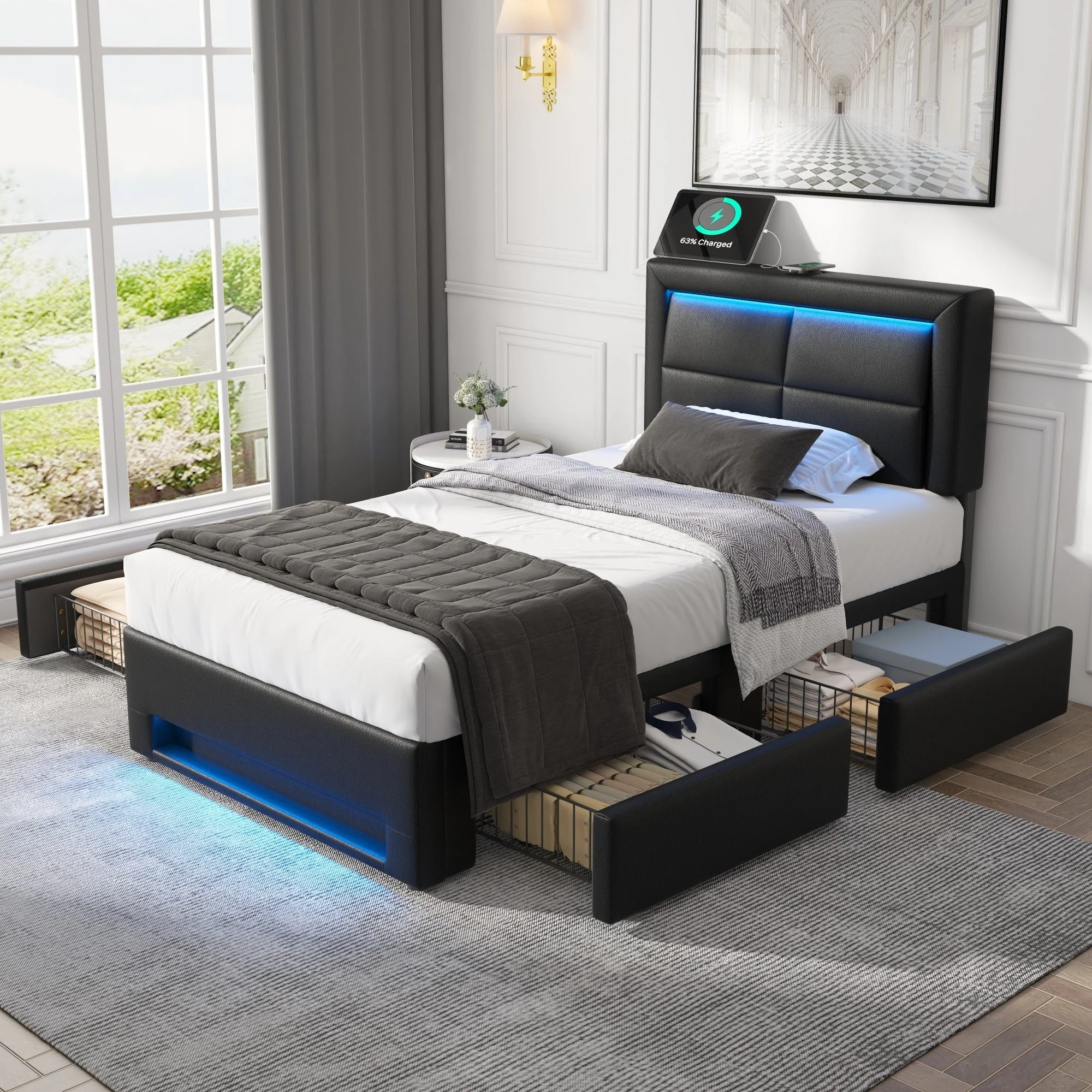 Upholstered Bed 90x200cm LED USB Charging 4 Drawers - Black PU Lychee - Image 3