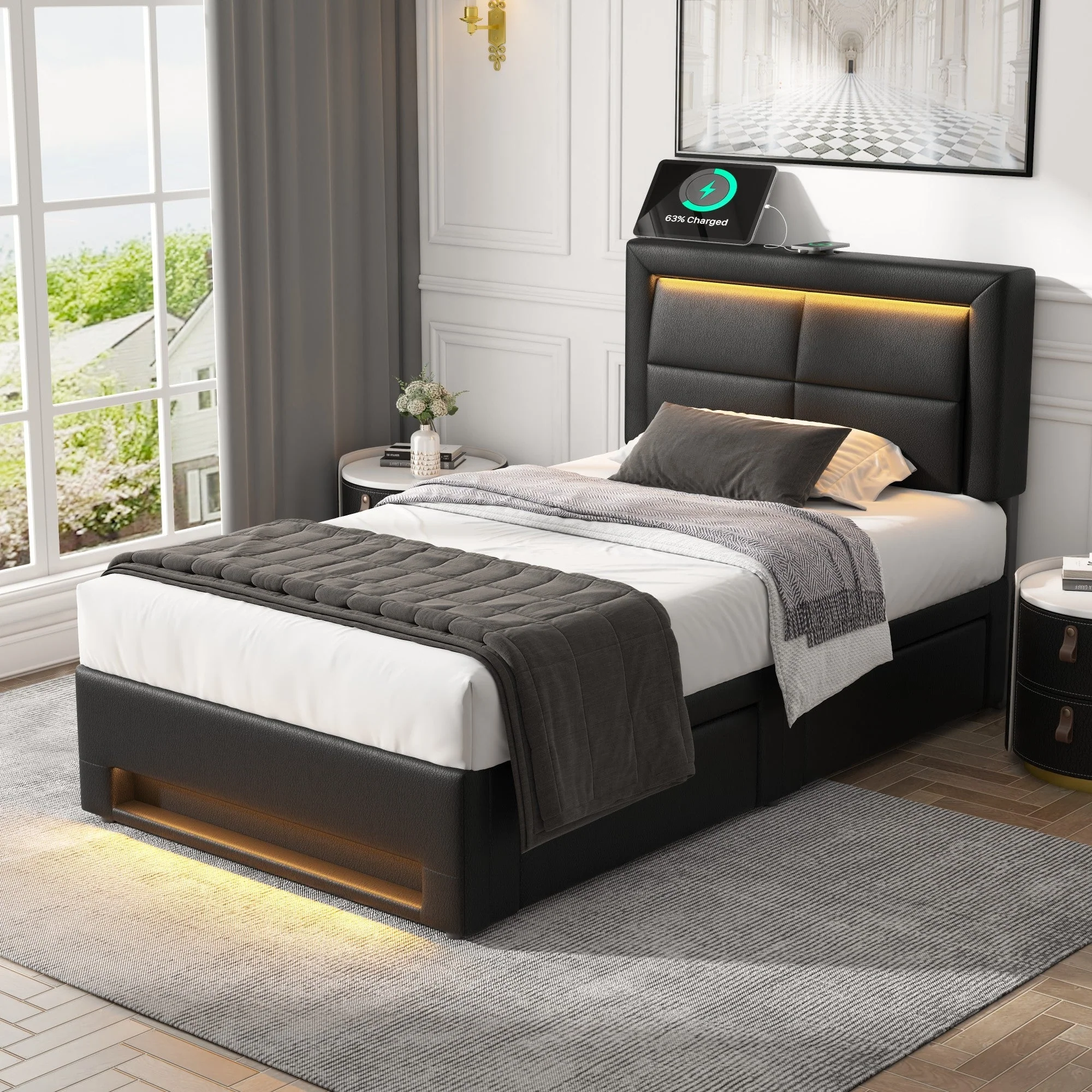 Upholstered Bed 90x200cm LED USB Charging 4 Drawers - Black PU Lychee - Image 4