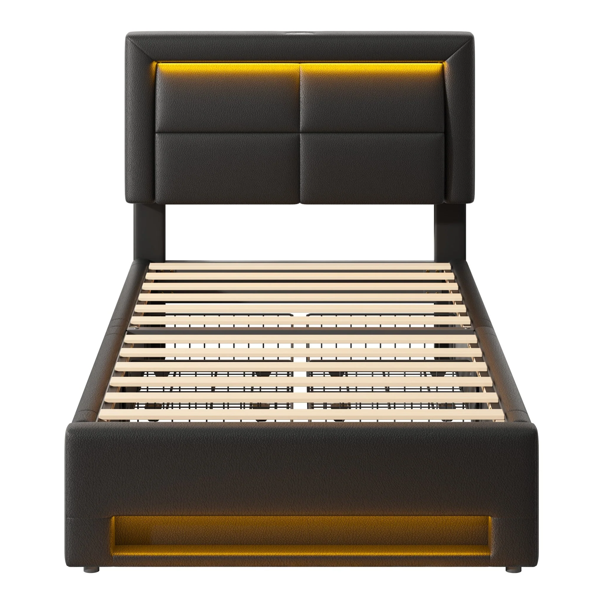 Upholstered Bed 90x200cm LED USB Charging 4 Drawers - Black PU Lychee - Image 9