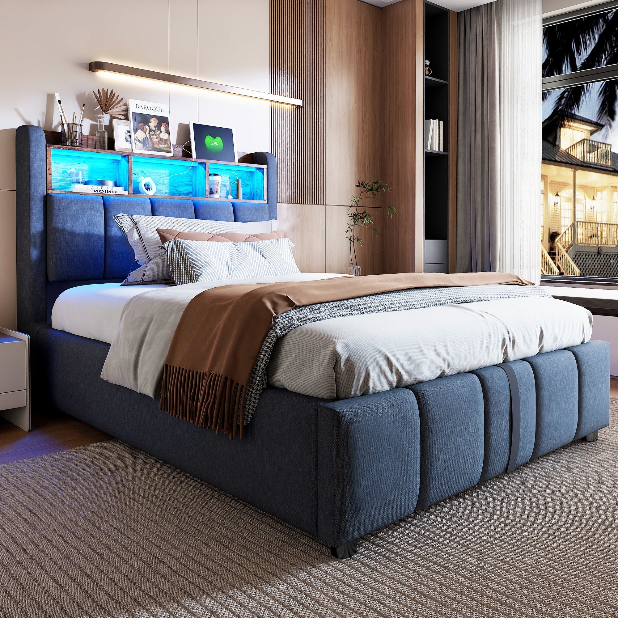 Upholstered Bed 90x200cm LED/USB Headboard Storage Hydraulic Single Linen Grey - Image 3