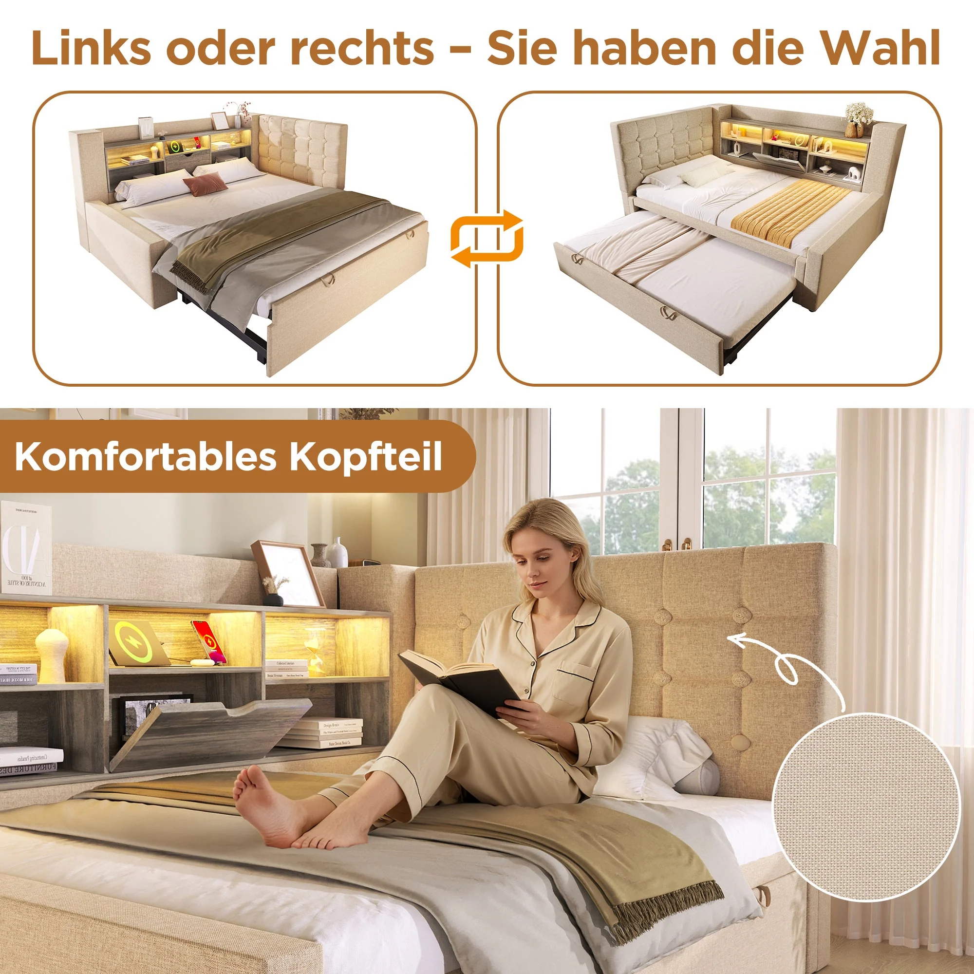 Upholstered Bed 90x200cm Pull-Out Bed LED Storage Headboard - Linen Beige - Image 4
