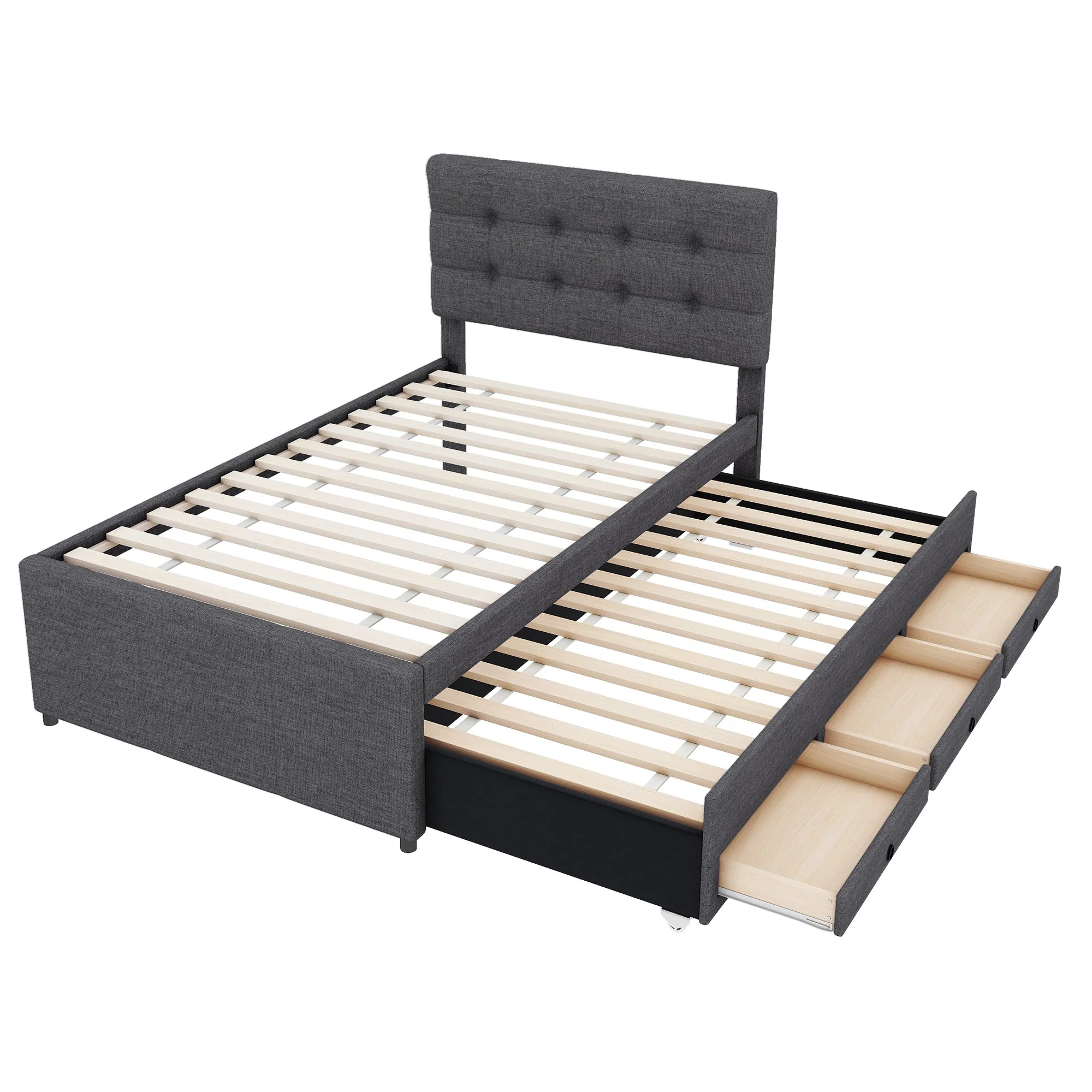 Upholstered Bed 90x200cm Pull-out Trundle 3 Drawers Adjustable Headboard - Grey - Image 8