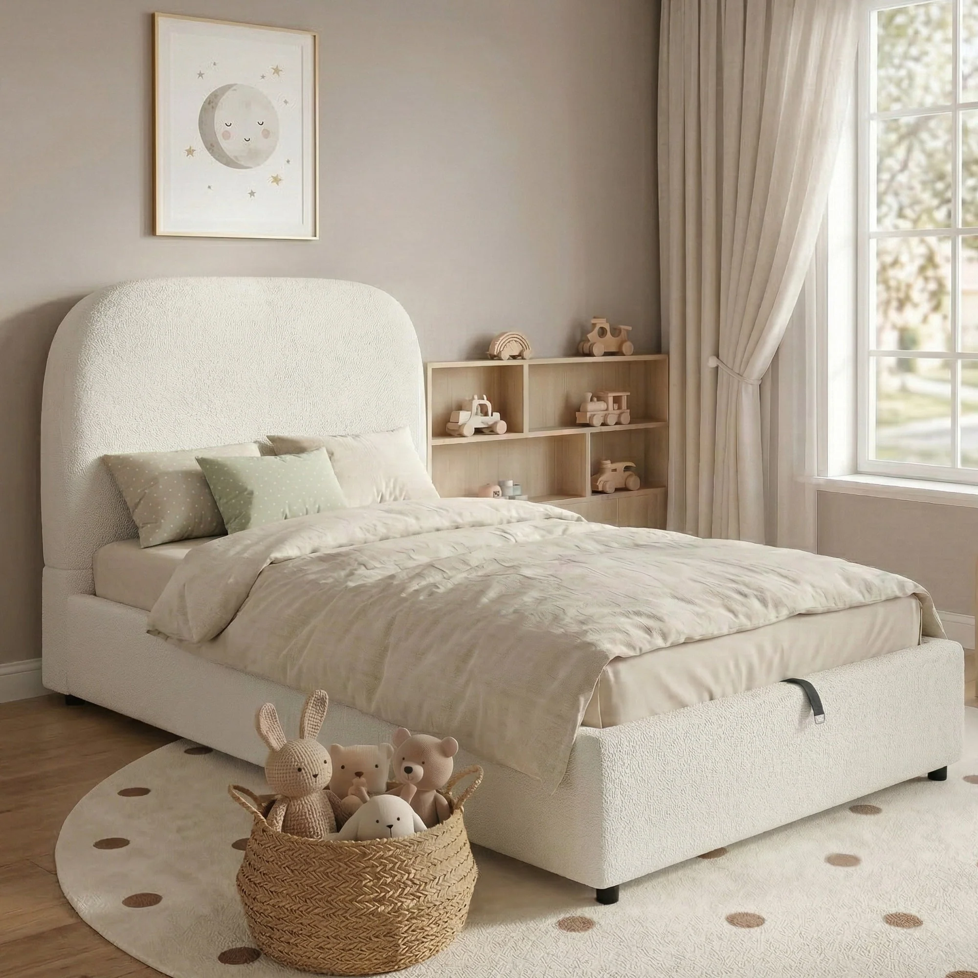 Upholstered Bed, 90x200cm Single Children's Bed with Hydraulic Storage and Slatted Base, Beige Bouclé - Image 3