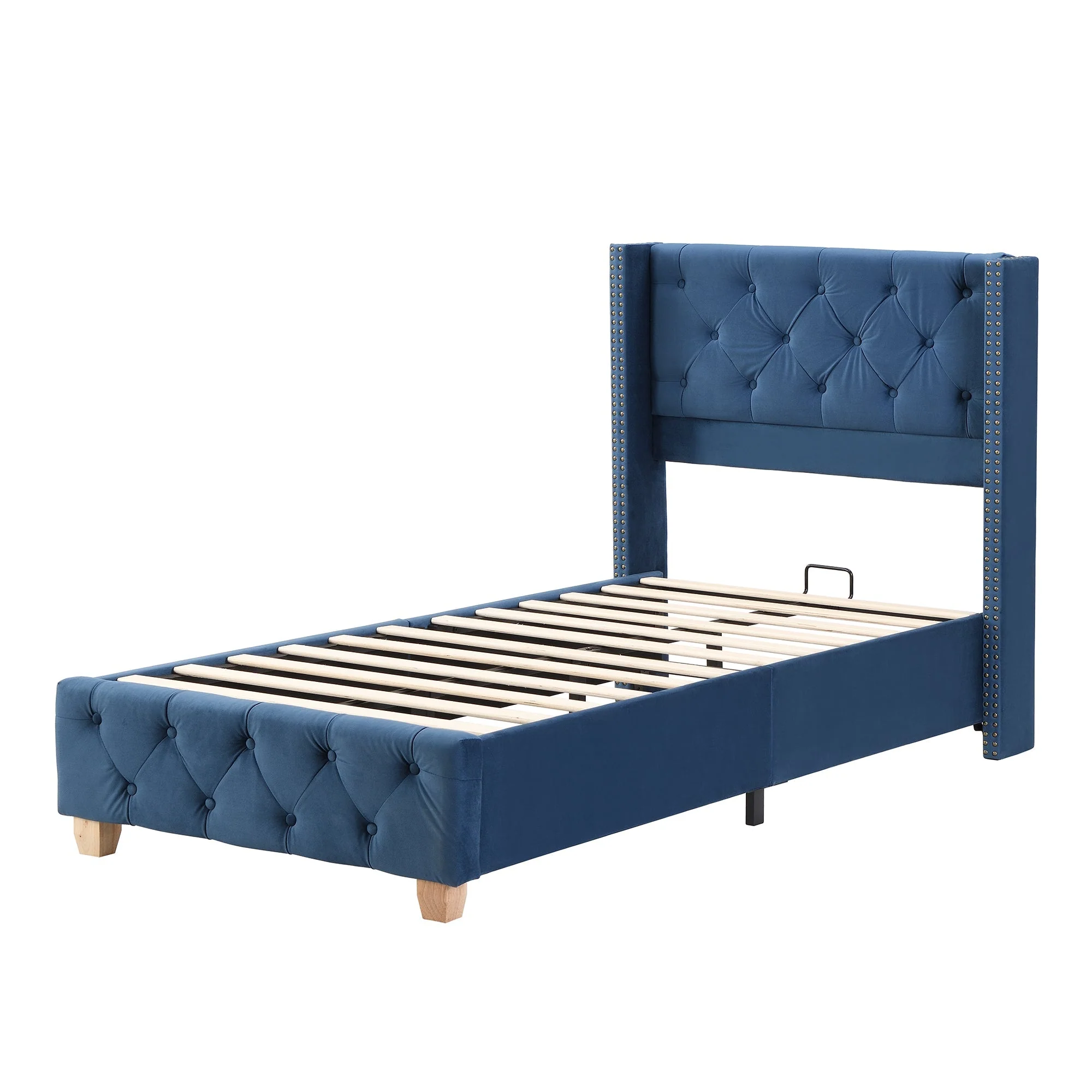 Upholstered Bed 90x200cm Slatted Frame Headboard Button Studded Upholstery Velvet Blue - Image 10