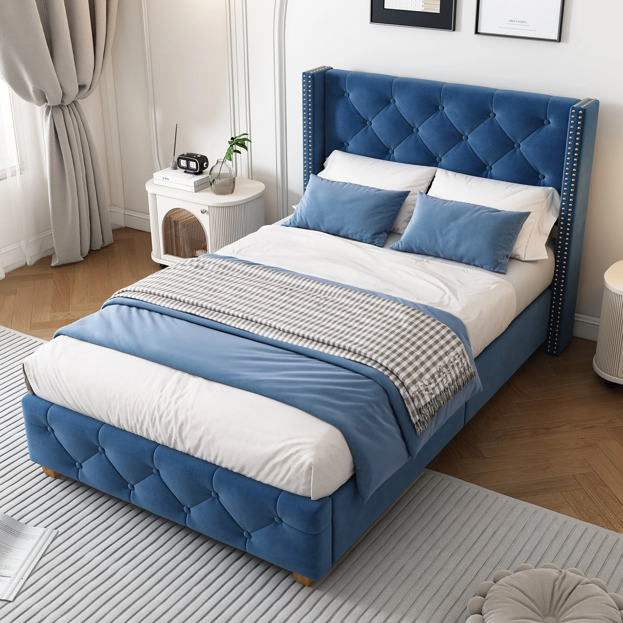Upholstered Bed 90x200cm Slatted Frame Headboard Button Studded Upholstery Velvet Blue - Image 3