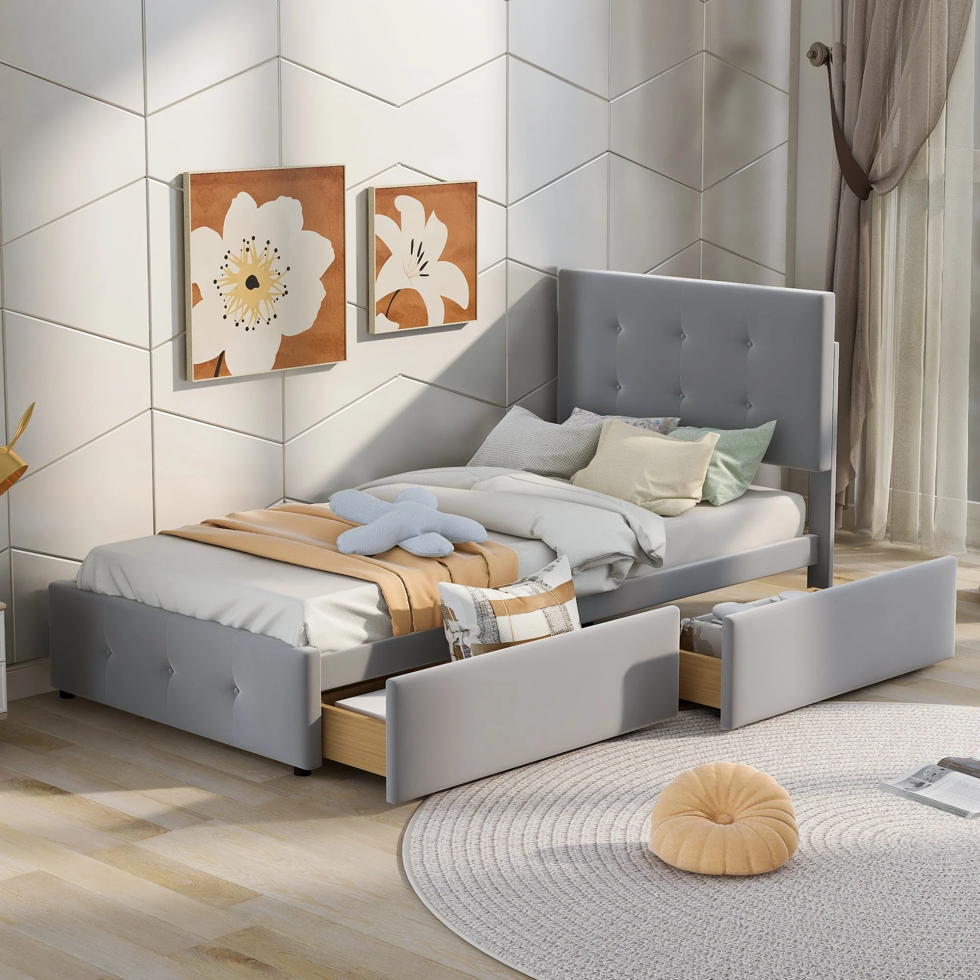 Upholstered Bed 90x200cm, Slatted Frame, Two Drawers, Adjustable Headboard, Velvet Fabric Grey - Image 4