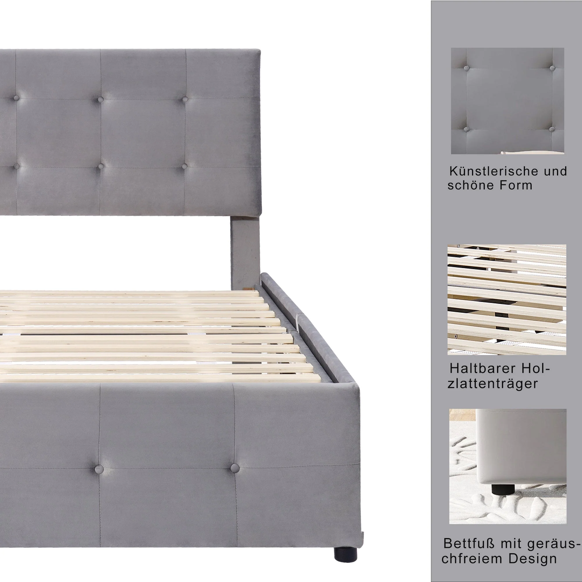 Upholstered Bed 90x200cm, Slatted Frame, Two Drawers, Adjustable Headboard, Velvet Fabric Grey - Image 8