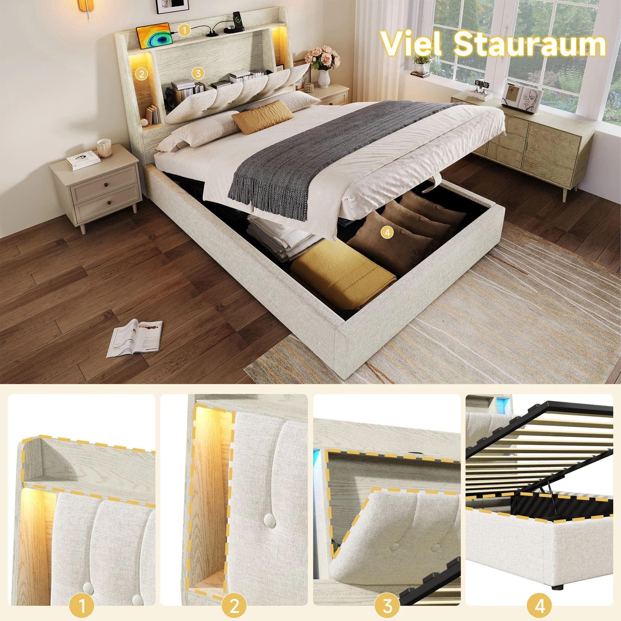 Upholstered Bed 90x200cm Storage LED USB/Type-C App Control - Linen Beige - Image 5