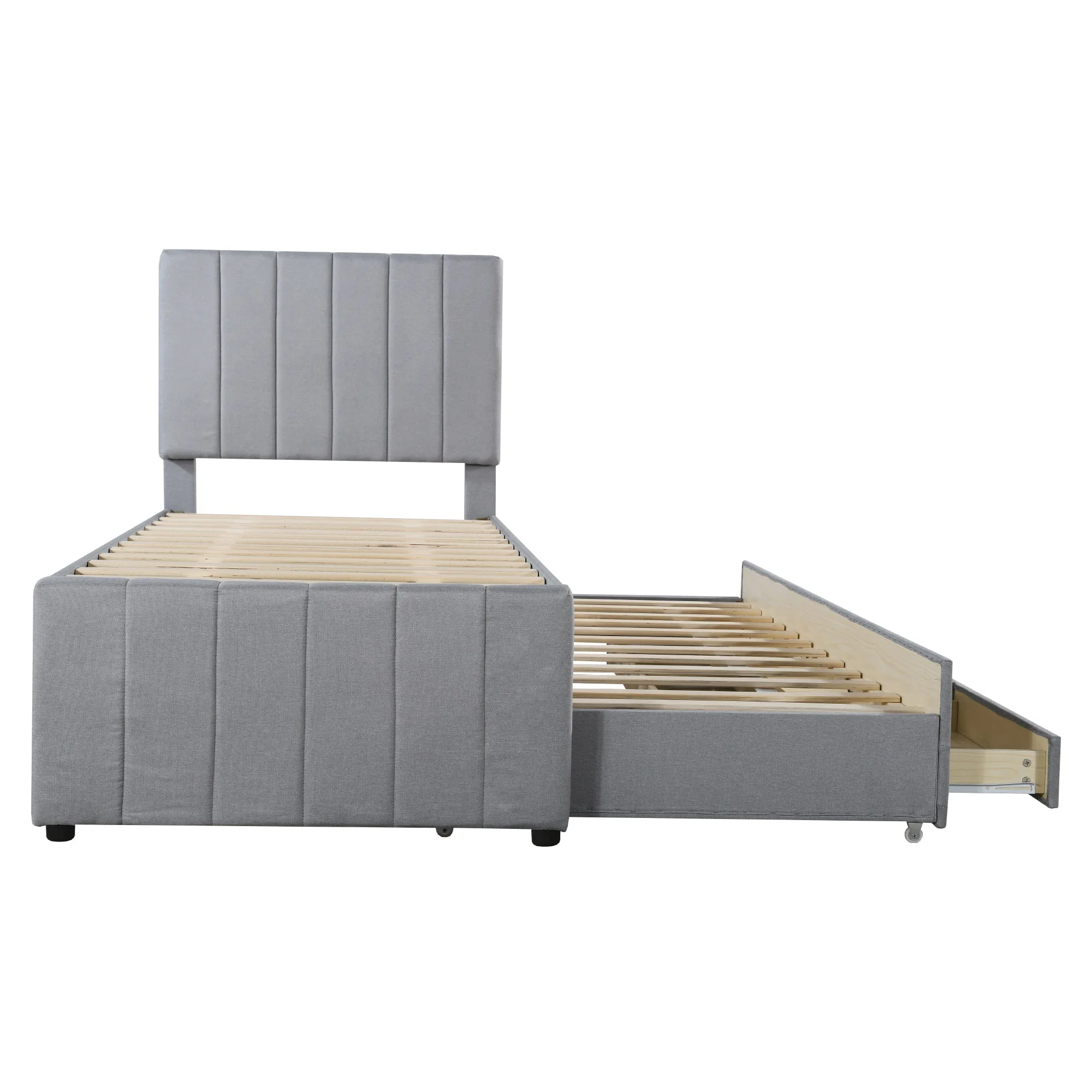 Upholstered Bed, 90x200cm Trundle with Storage Drawers, Linen Grey - Image 10