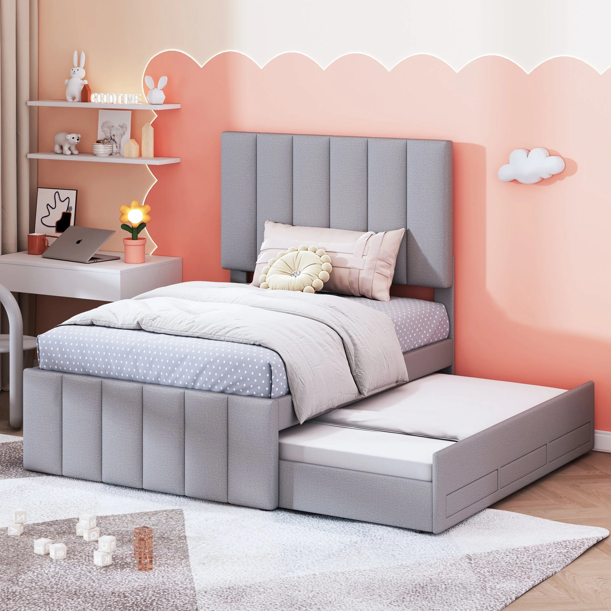 Upholstered Bed, 90x200cm Trundle with Storage Drawers, Linen Grey - Image 2