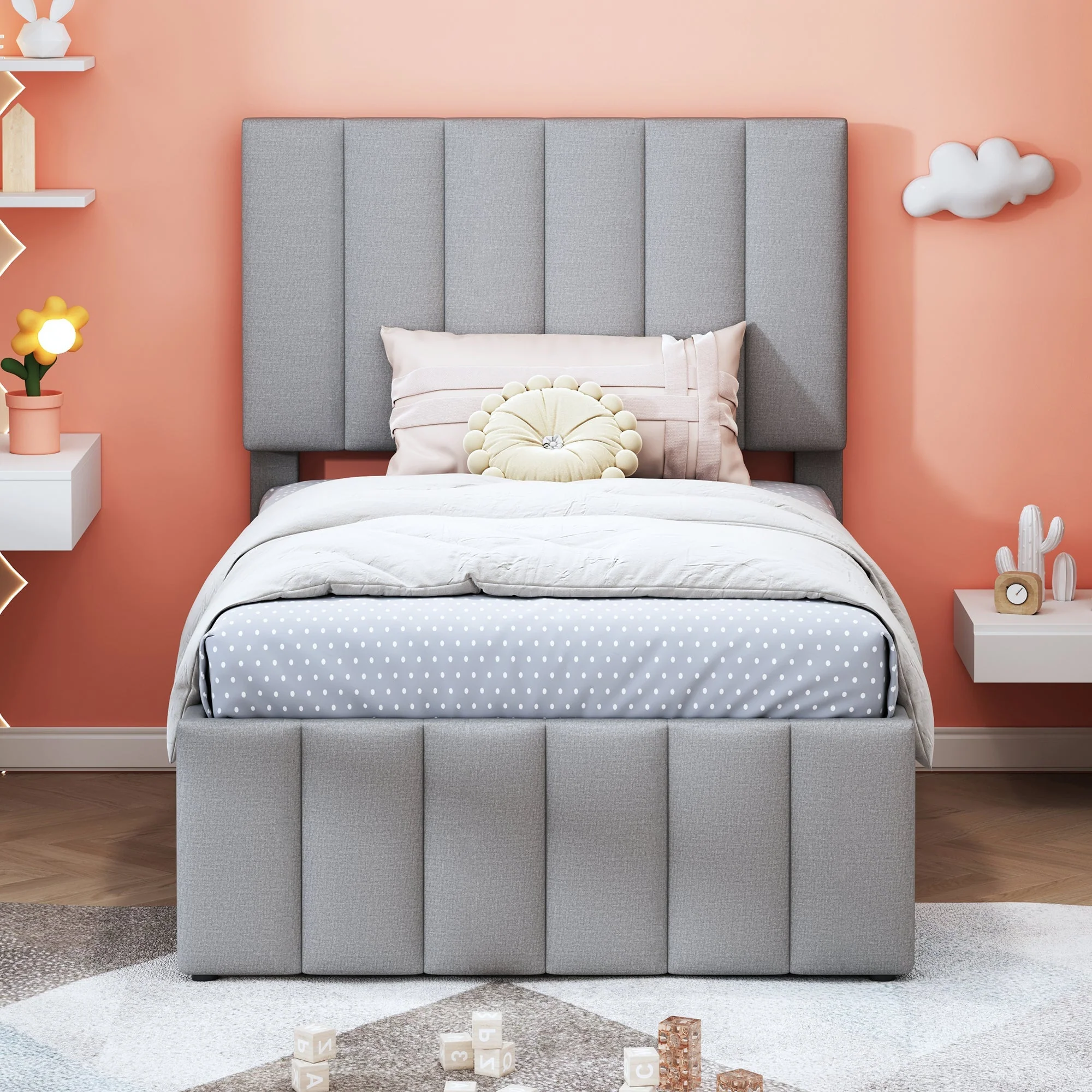Upholstered Bed, 90x200cm Trundle with Storage Drawers, Linen Grey - Image 3