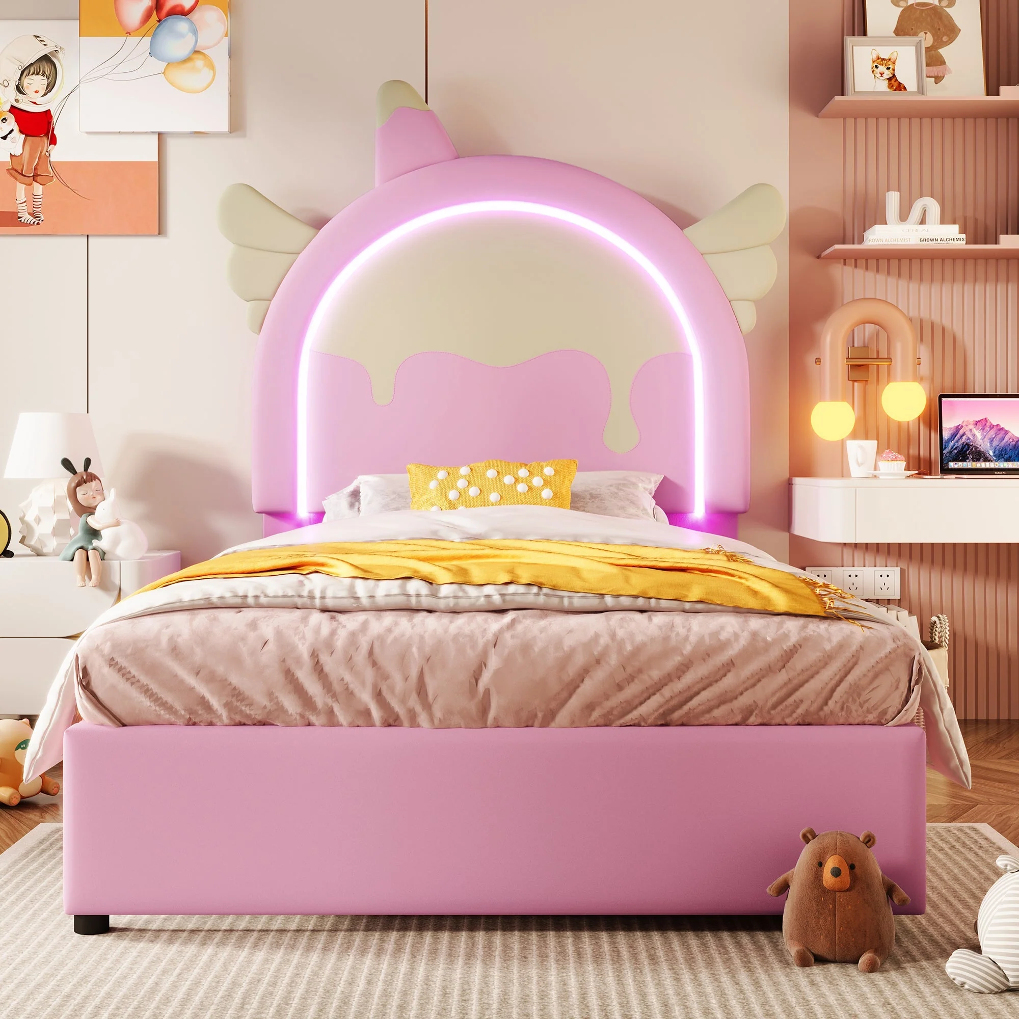 Upholstered Bed 90x200cm Unicorn Shape Light Strip 2 Drawers - PU Pink - Image 3