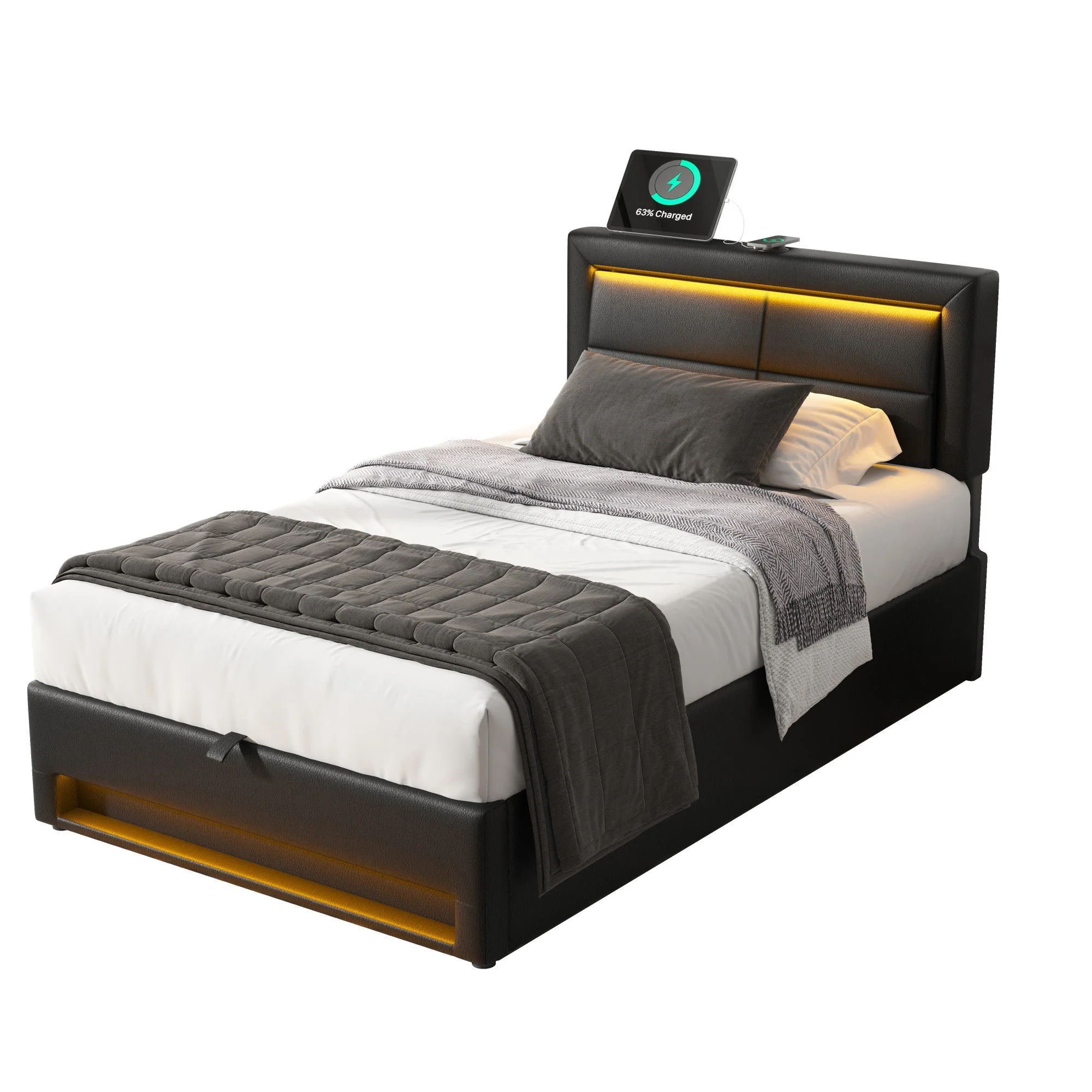 Upholstered Bed 90x200cm USB Charging LED Storage - Black PU Lychee - Image 8