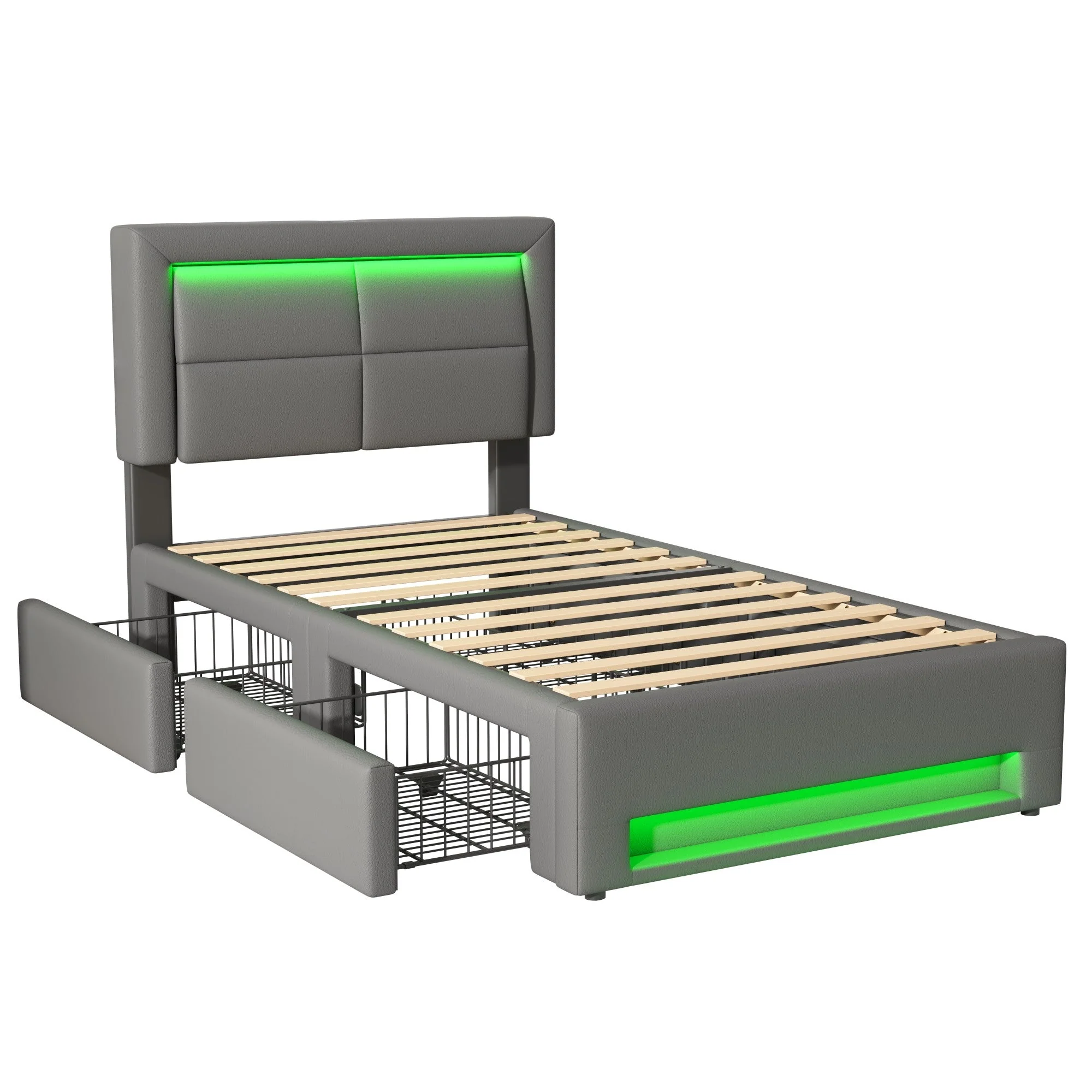 Upholstered Bed 90x200cm USB/Wireless Charging LED Lights 4 Drawers PU Lychee Pattern Grey - Image 10