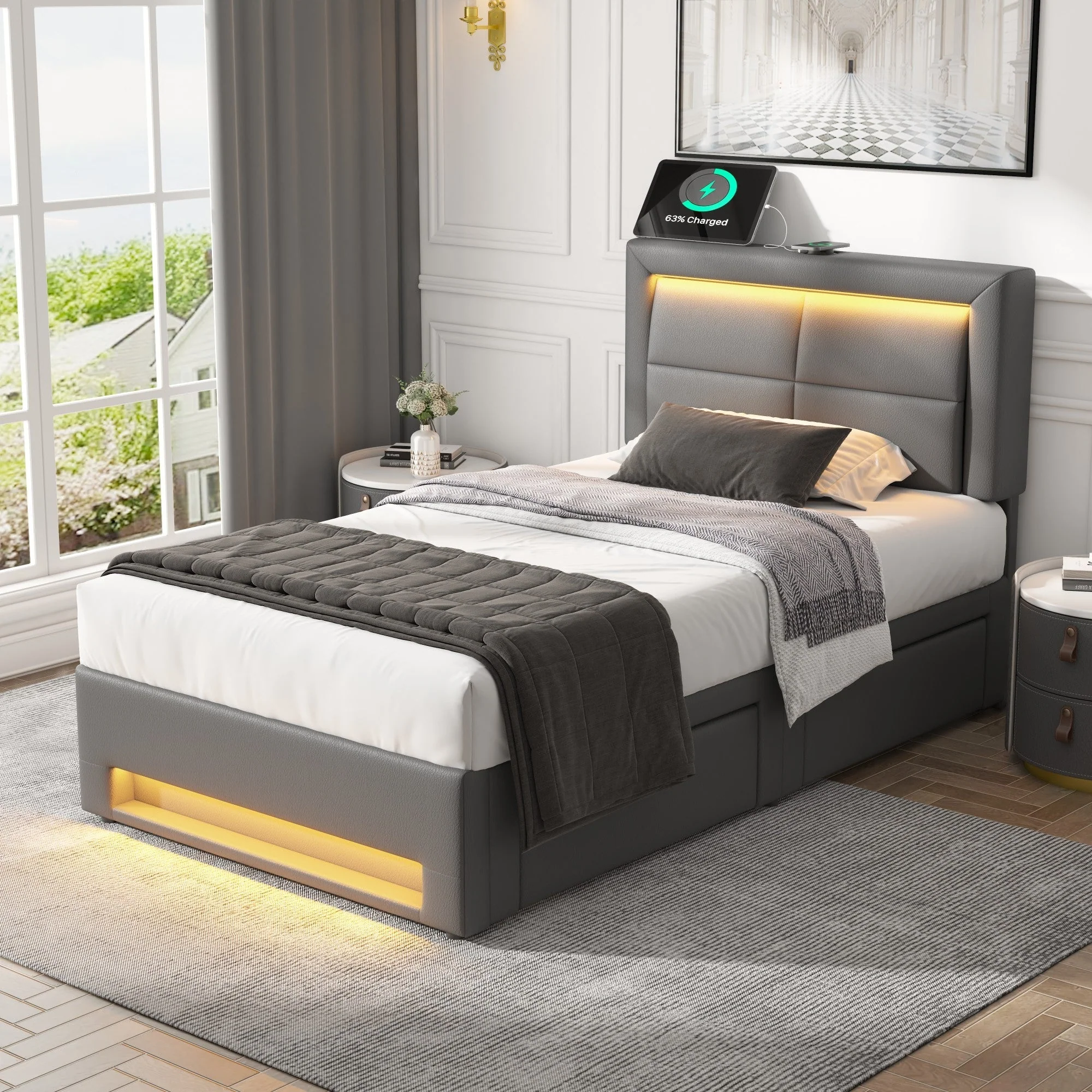 Upholstered Bed 90x200cm USB/Wireless Charging LED Lights 4 Drawers PU Lychee Pattern Grey - Image 4
