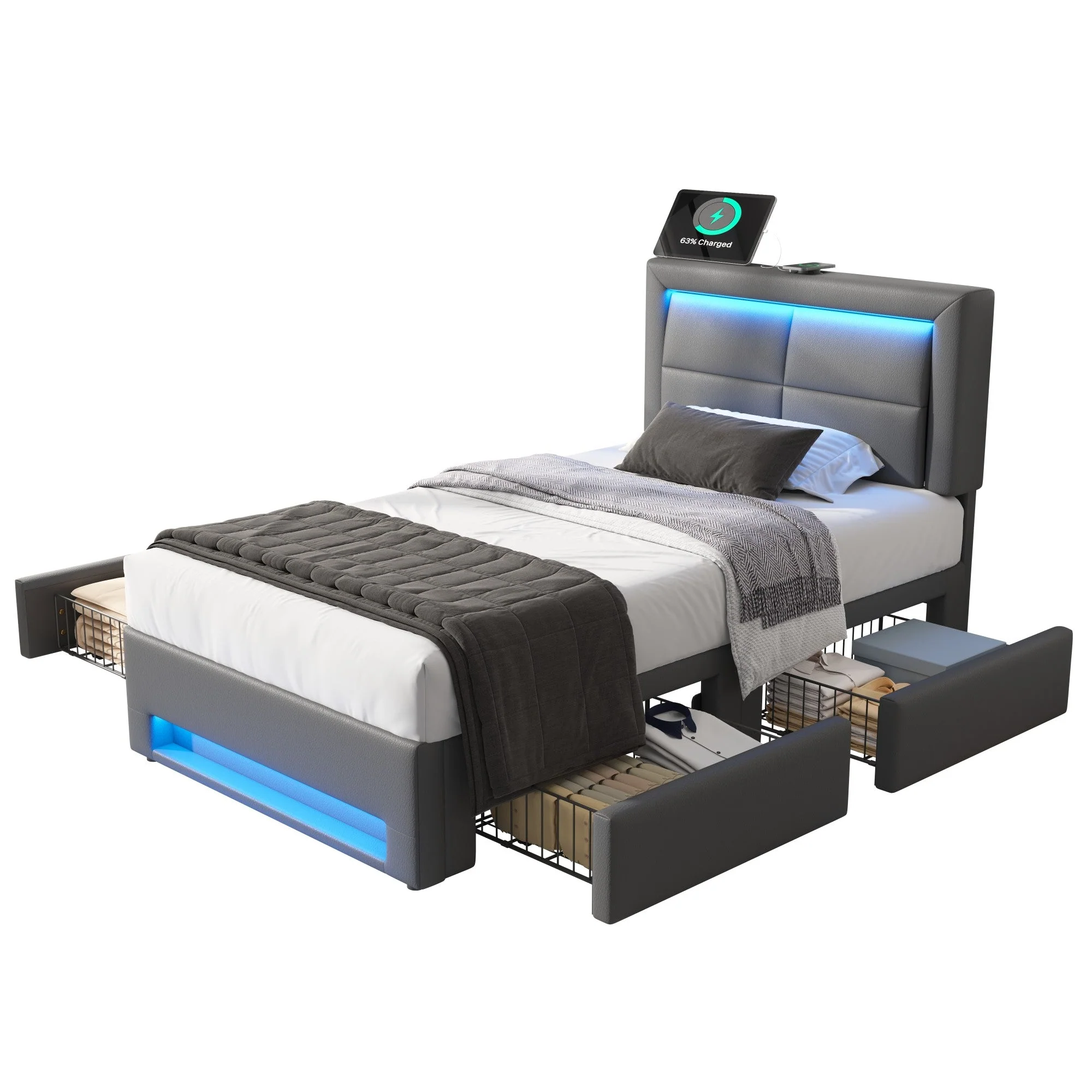 Upholstered Bed 90x200cm USB/Wireless Charging LED Lights 4 Drawers PU Lychee Pattern Grey - Image 7