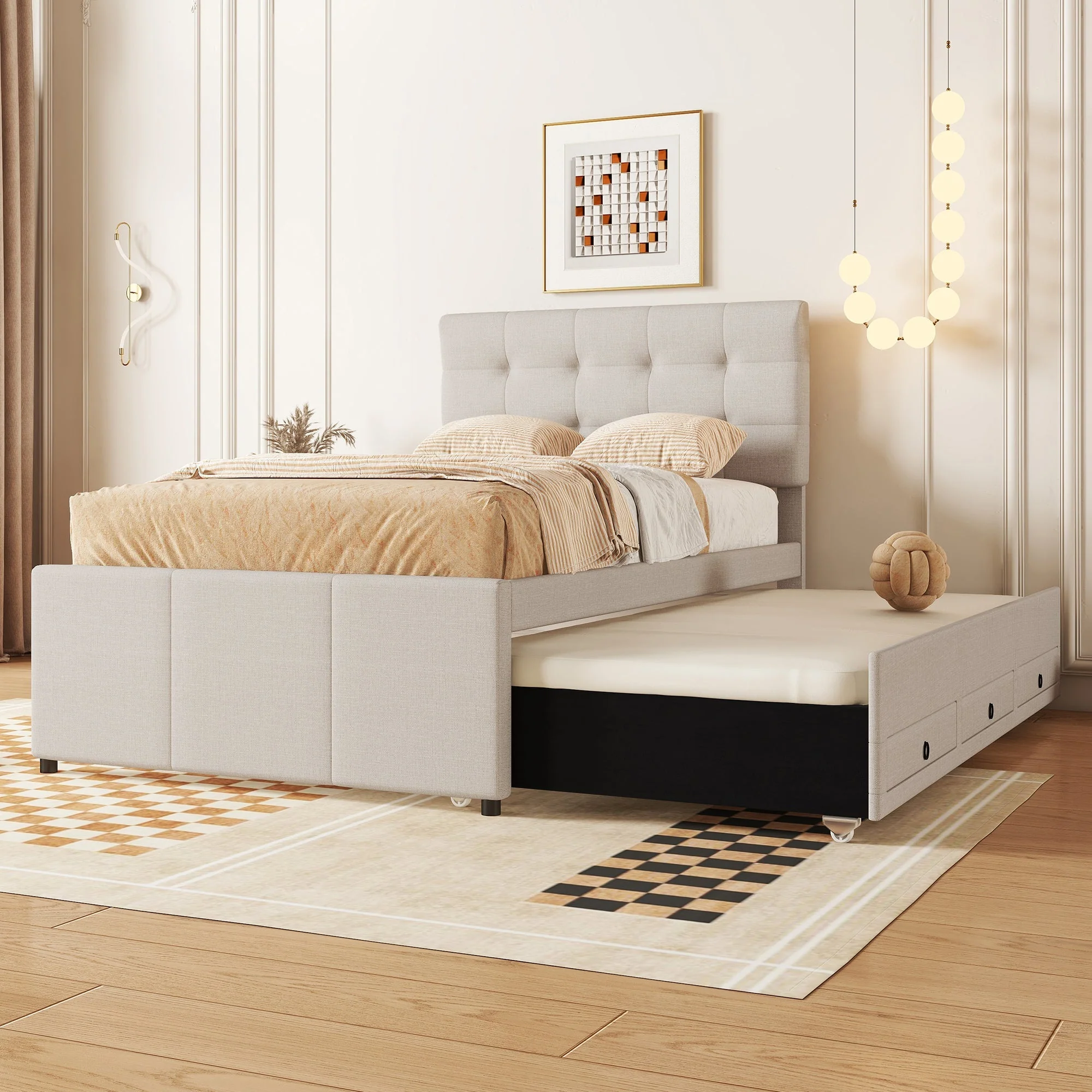 Upholstered Bed 90x200cm with 3 Drawers, Pull-out Trundle Bed, Adjustable Headboard, Beige - Image 2