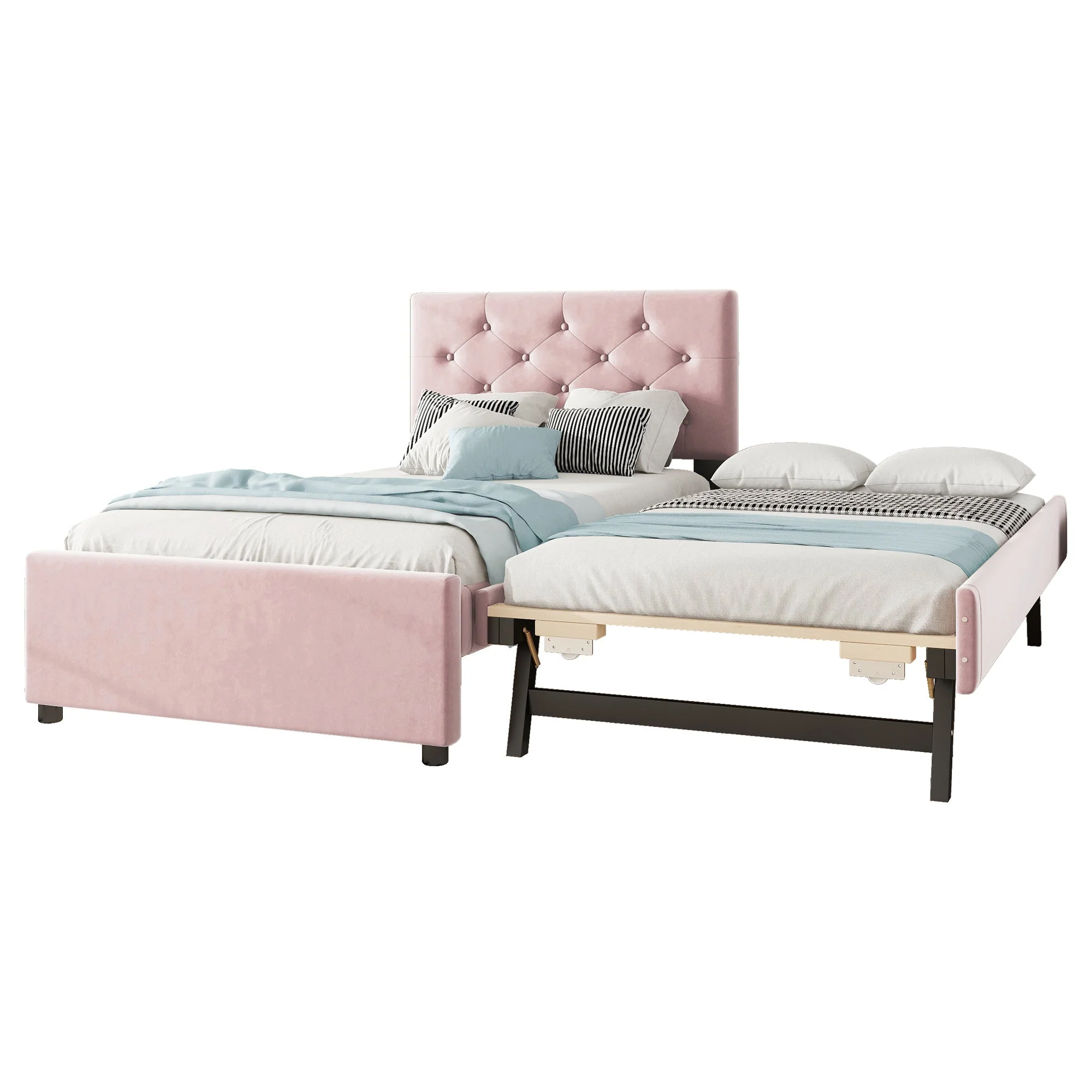 Upholstered Bed 90x200cm with Slatted Base and Rolling Storage, Pink Velvet - Image 6