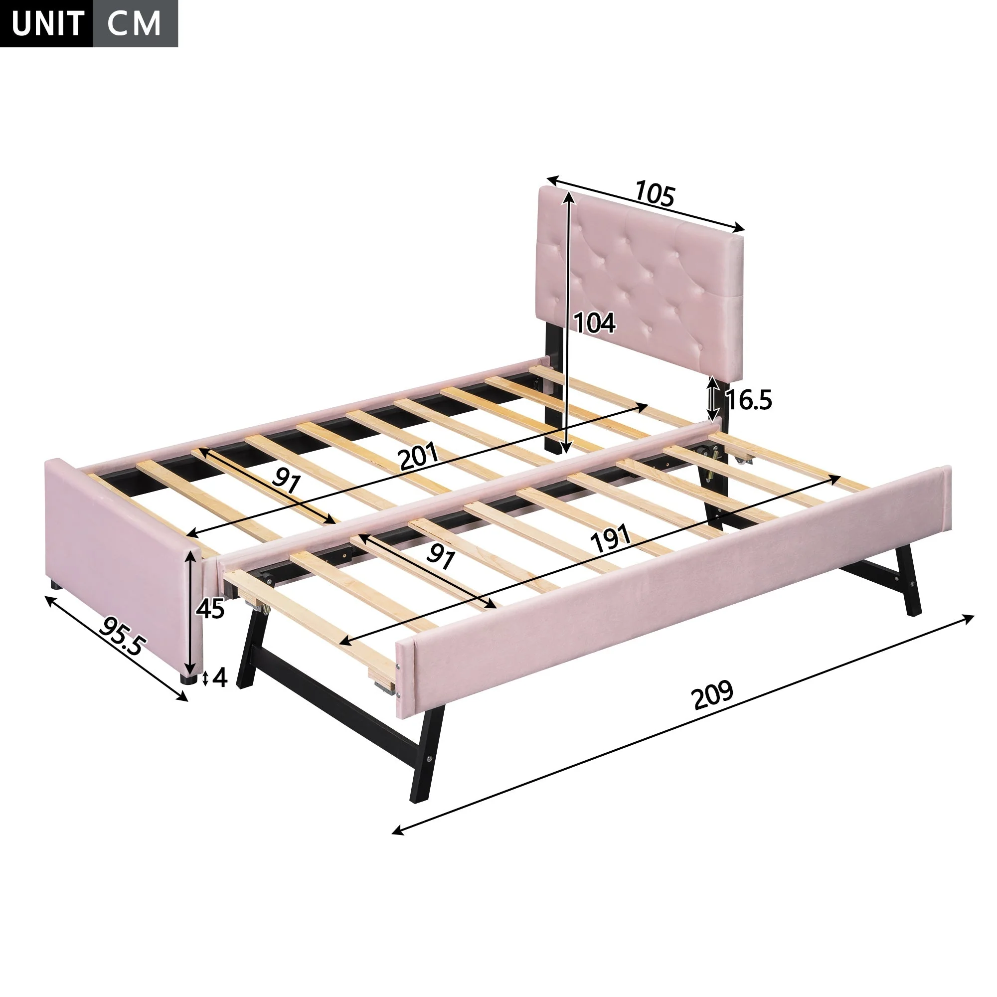 Upholstered Bed 90x200cm with Slatted Base and Rolling Storage, Pink Velvet - Image 7