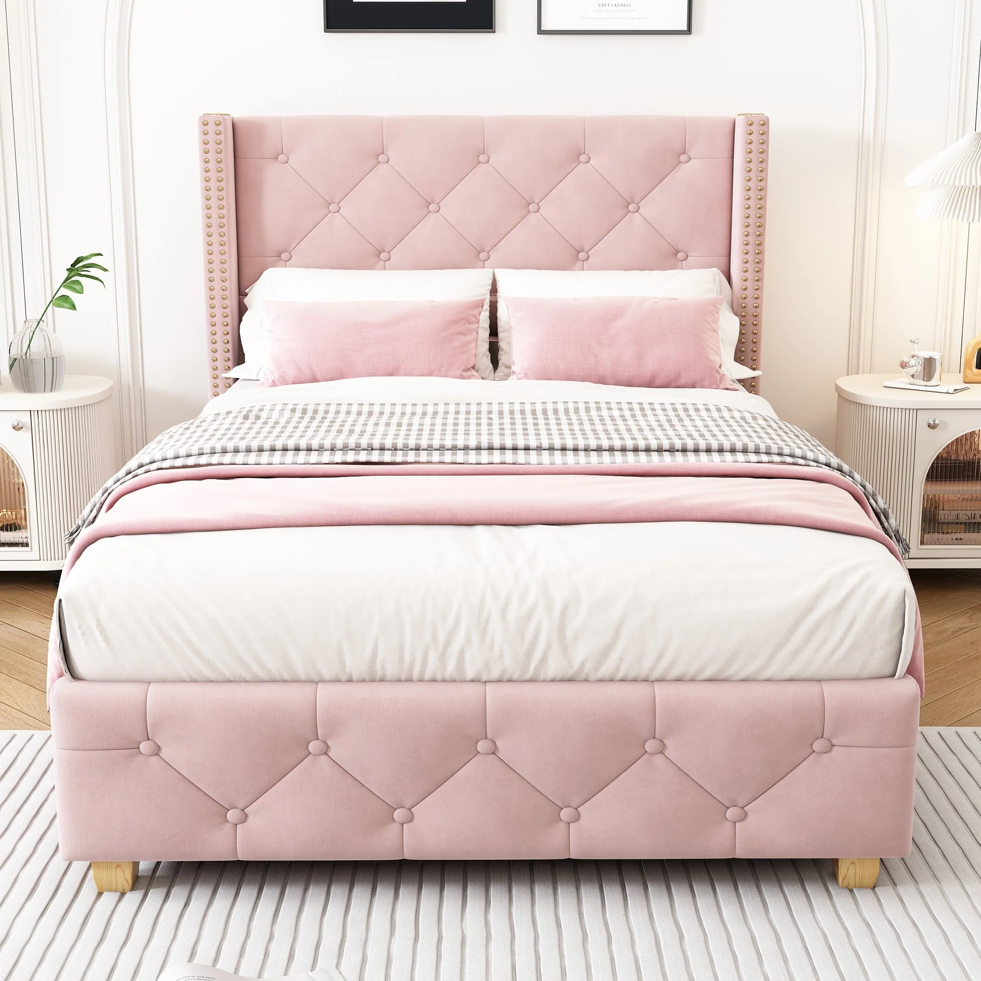 Upholstered Bed 90x200cm with Slatted Frame and Studded Buttoned Headboard, Pink Velvet - Image 3