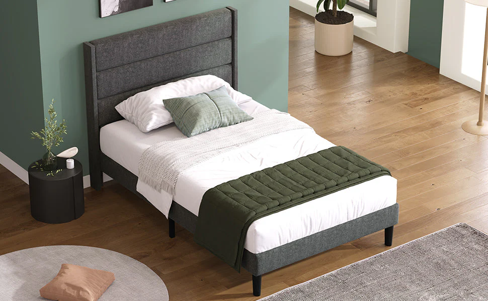Upholstered Bed, 90x200cm with Slatted Frame & Headboard, Grey Linen - Image 10