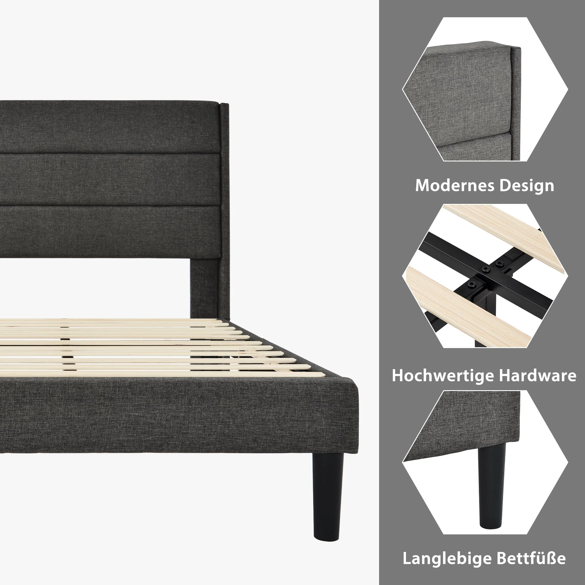 Upholstered Bed, 90x200cm with Slatted Frame & Headboard, Grey Linen - Image 6