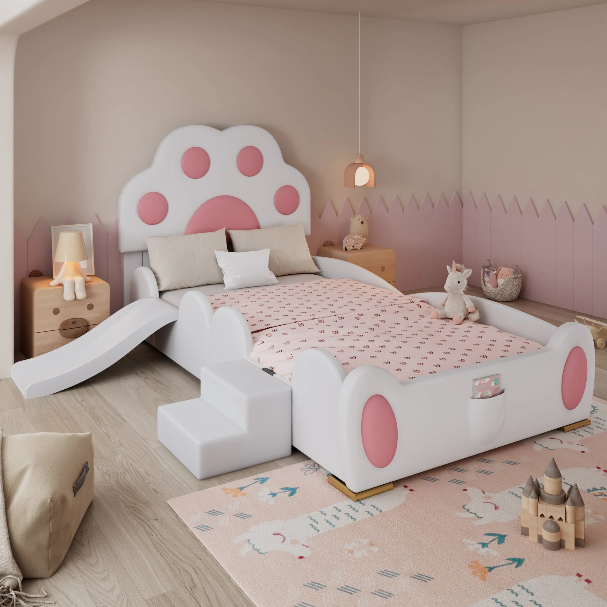 Upholstered Bed, Children's Cat Paw Headboard with Slide & Ladder, PU White + Pink - Image 2