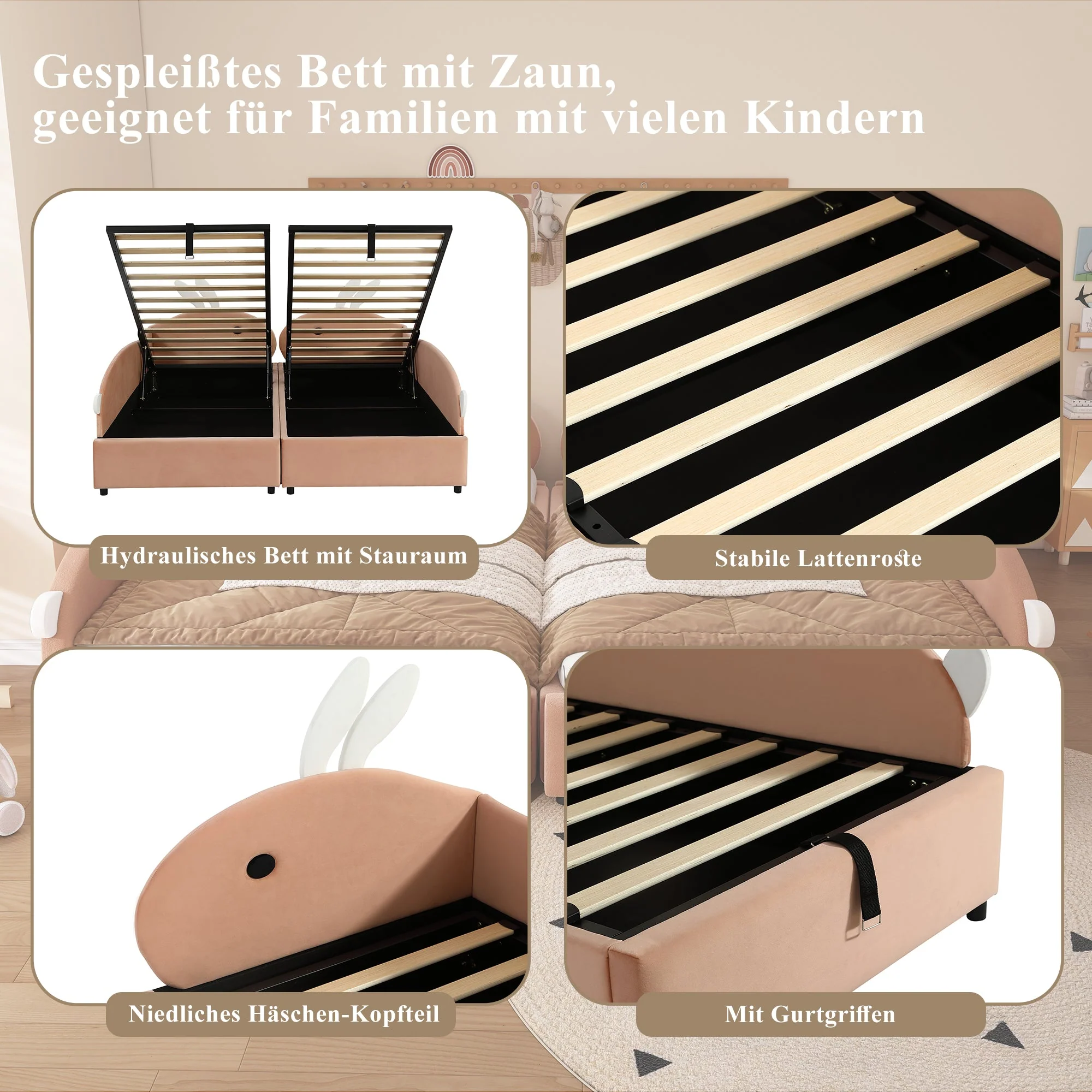 Upholstered Bed, Children's Hydraulic with Bunny Headboard & Storage, Velvet Pink+White - Image 6