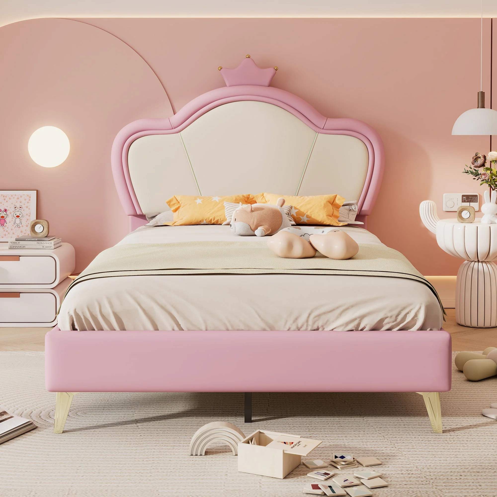 Kids Upholstered Single Bed – Crown Headboard, Pink & White PU