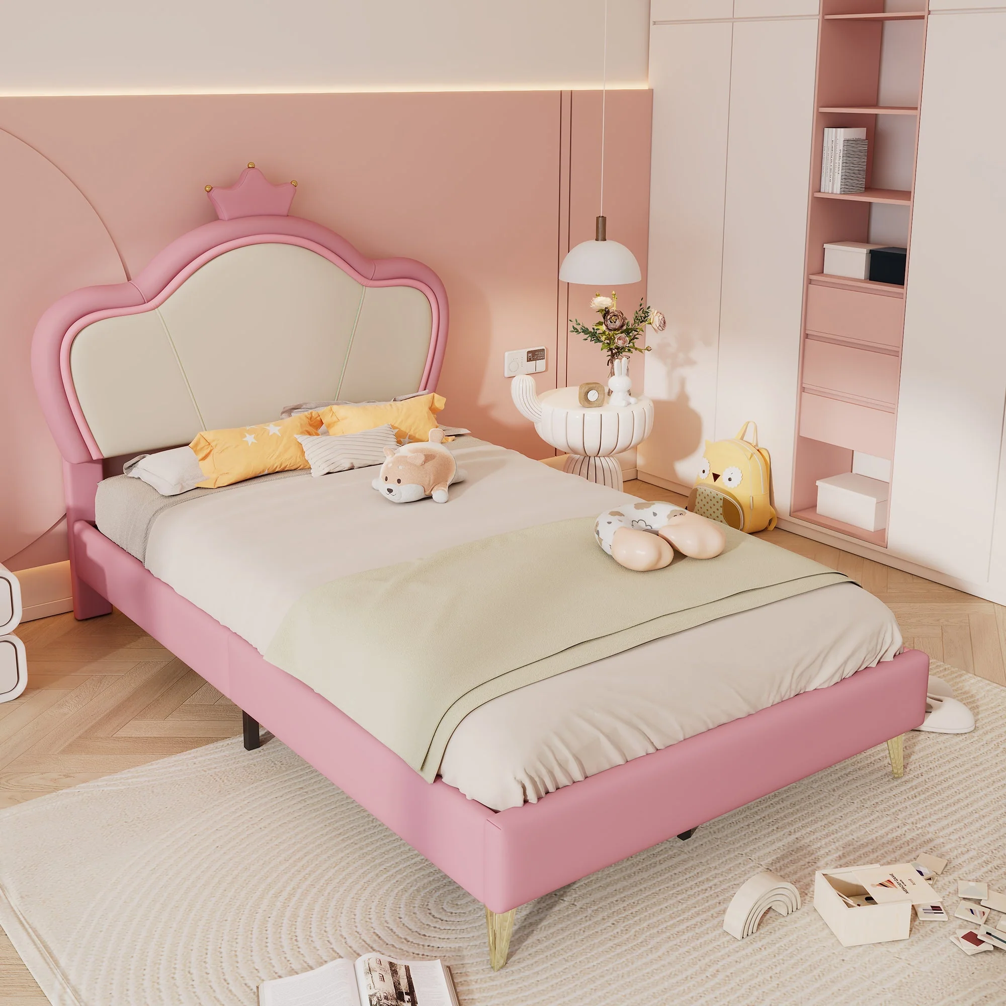 Kids Upholstered Single Bed – Crown Headboard, Pink & White PU - Image 3