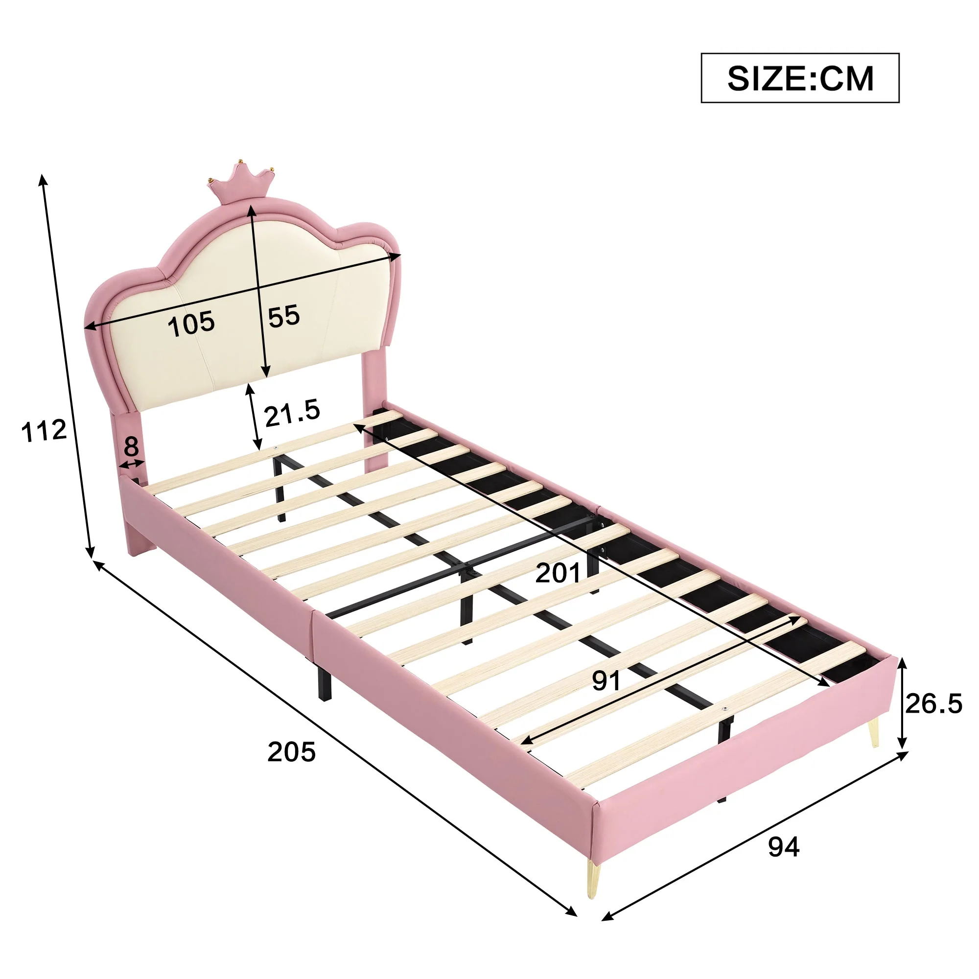Kids Upholstered Single Bed – Crown Headboard, Pink & White PU - Image 4