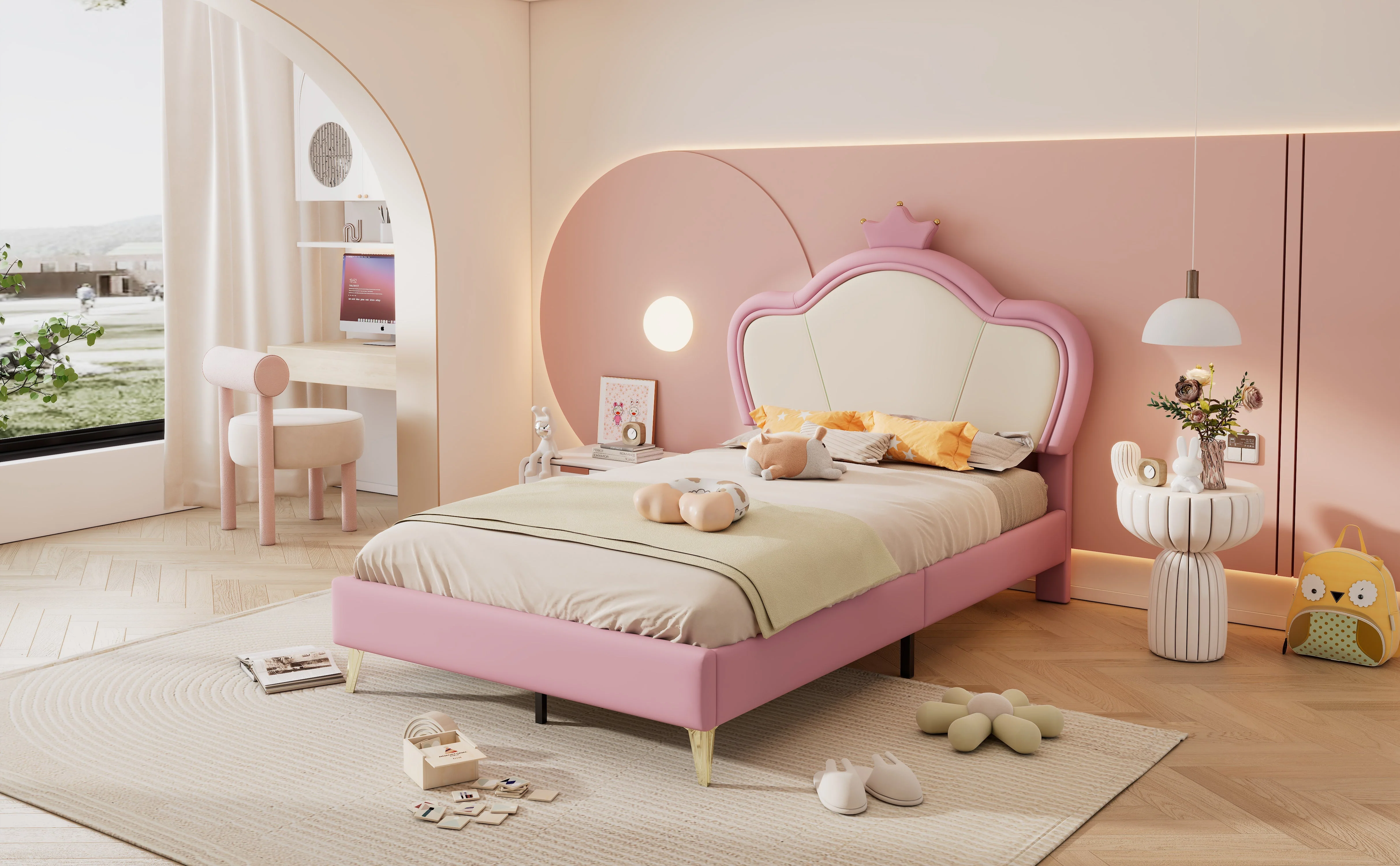 Kids Upholstered Single Bed – Crown Headboard, Pink & White PU - Image 9